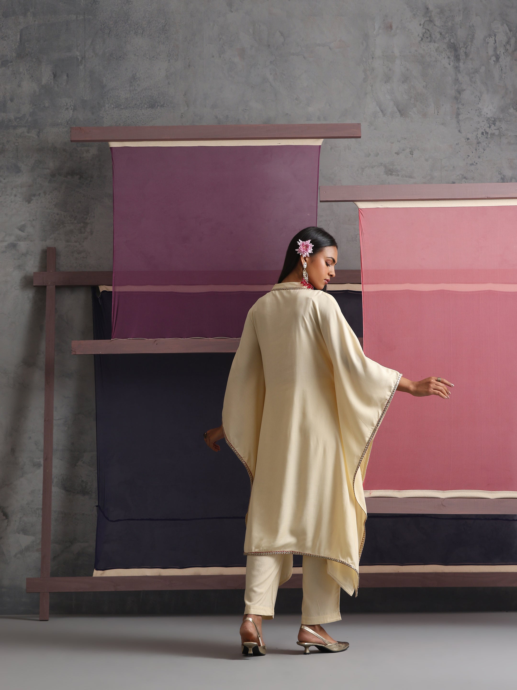 Khushal K Women Embroidered mirror work Cream Kaftan set