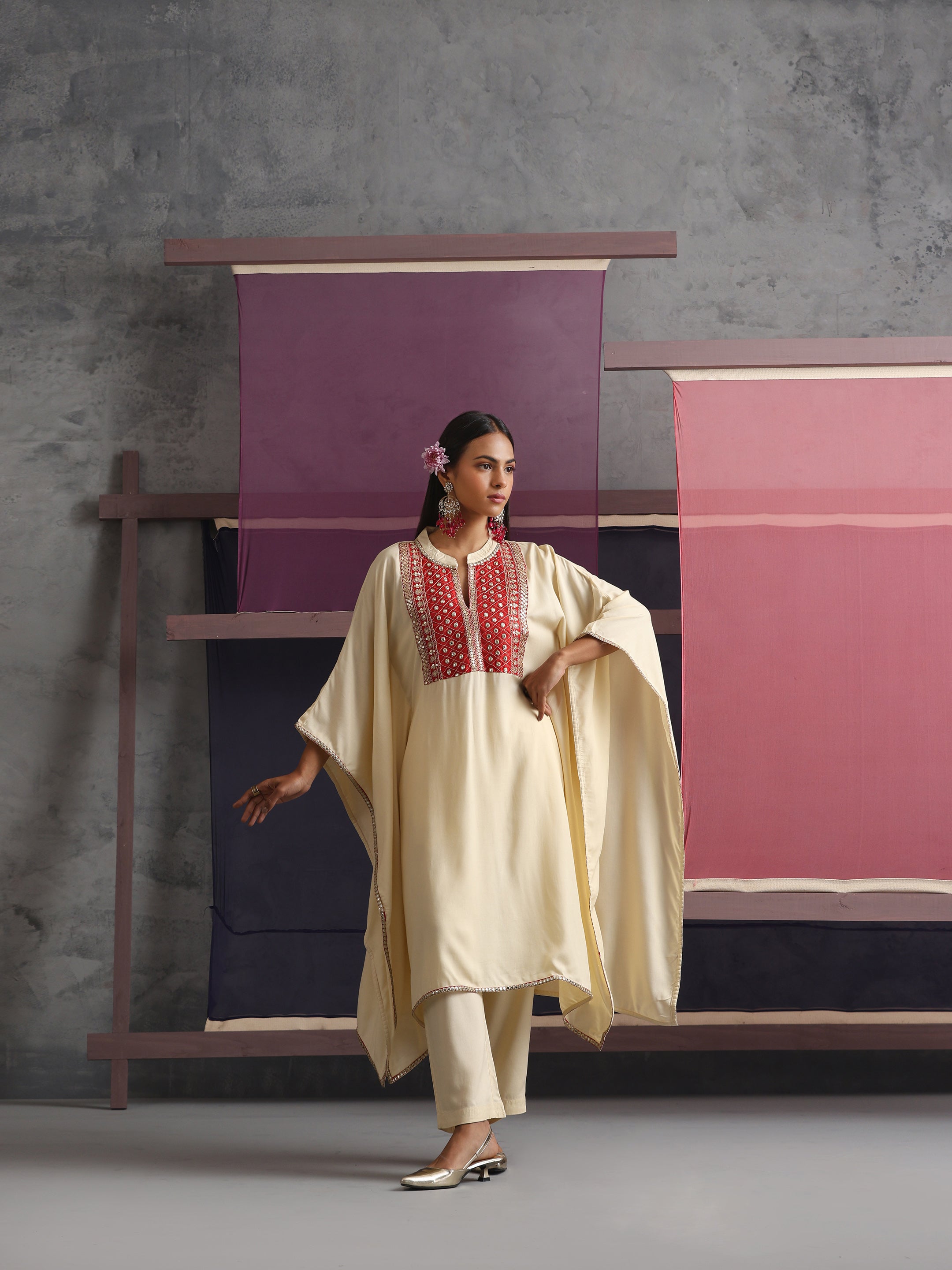 Khushal K Women Embroidered mirror work Cream Kaftan set