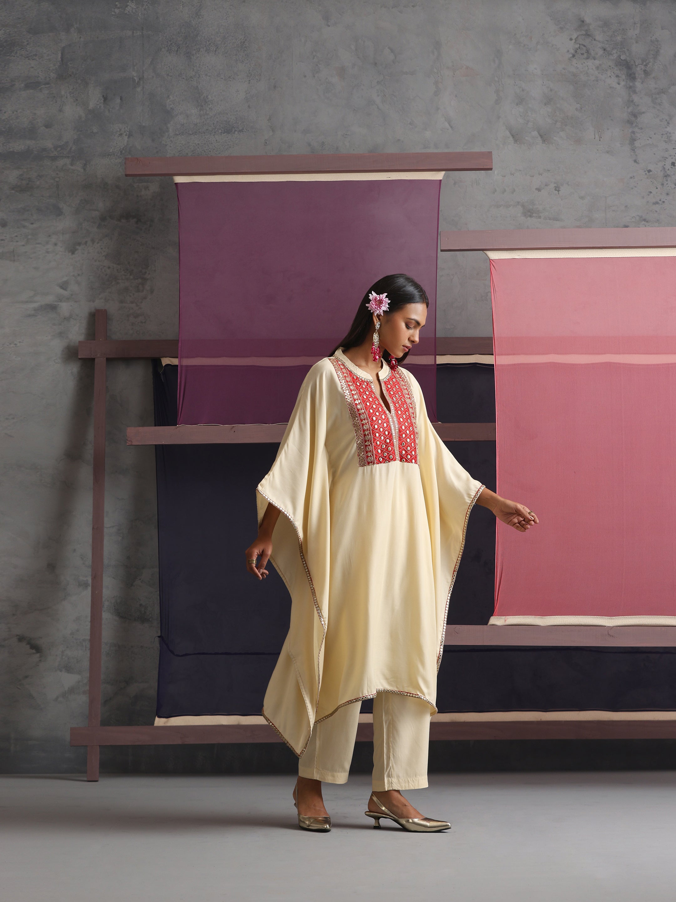 Khushal K Women Embroidered mirror work Cream Kaftan set