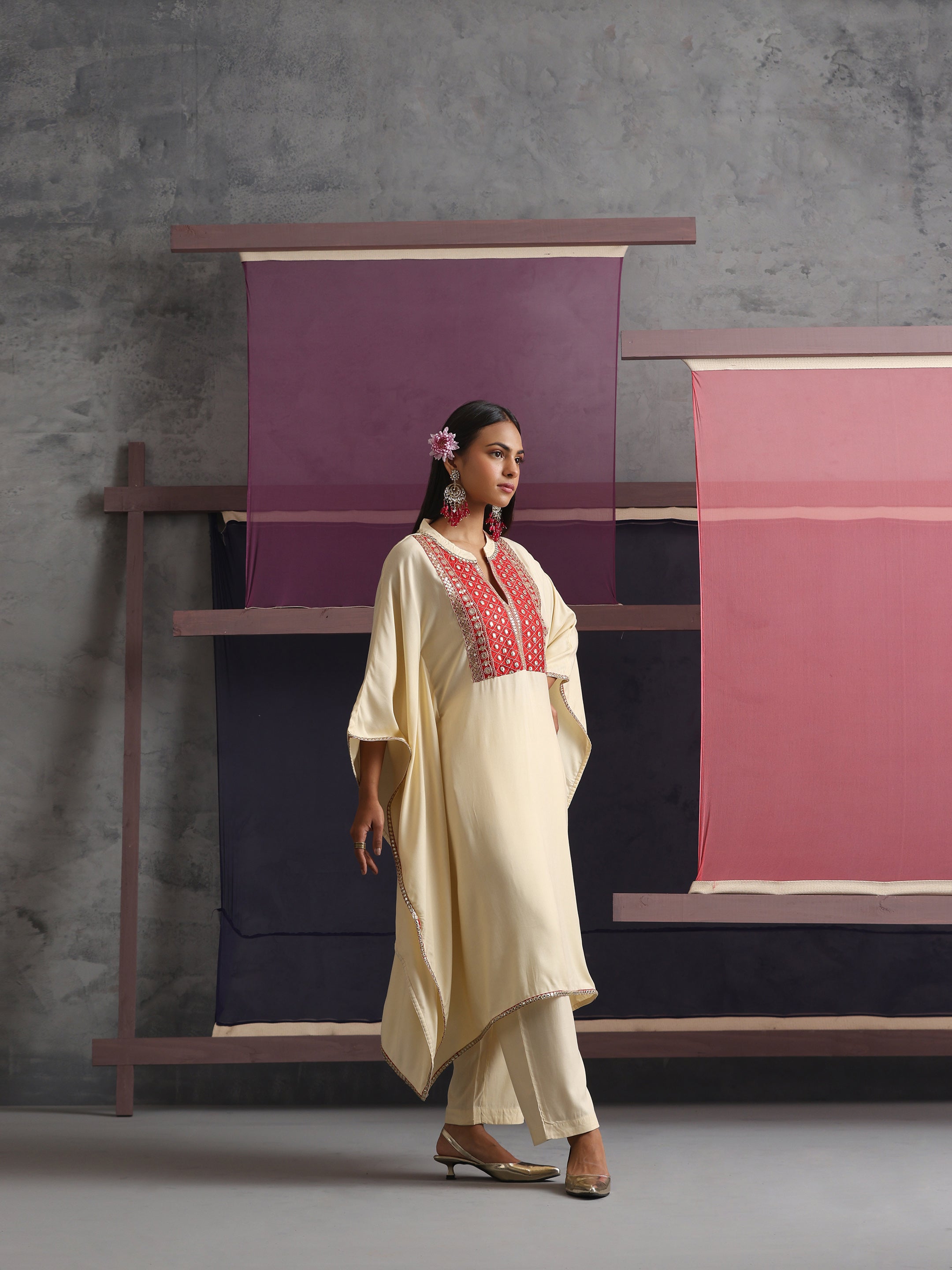 Khushal K Women Embroidered mirror work Cream Kaftan set