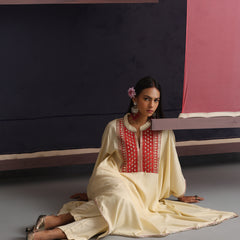 Khushal K Women Embroidered mirror work Cream Kaftan set