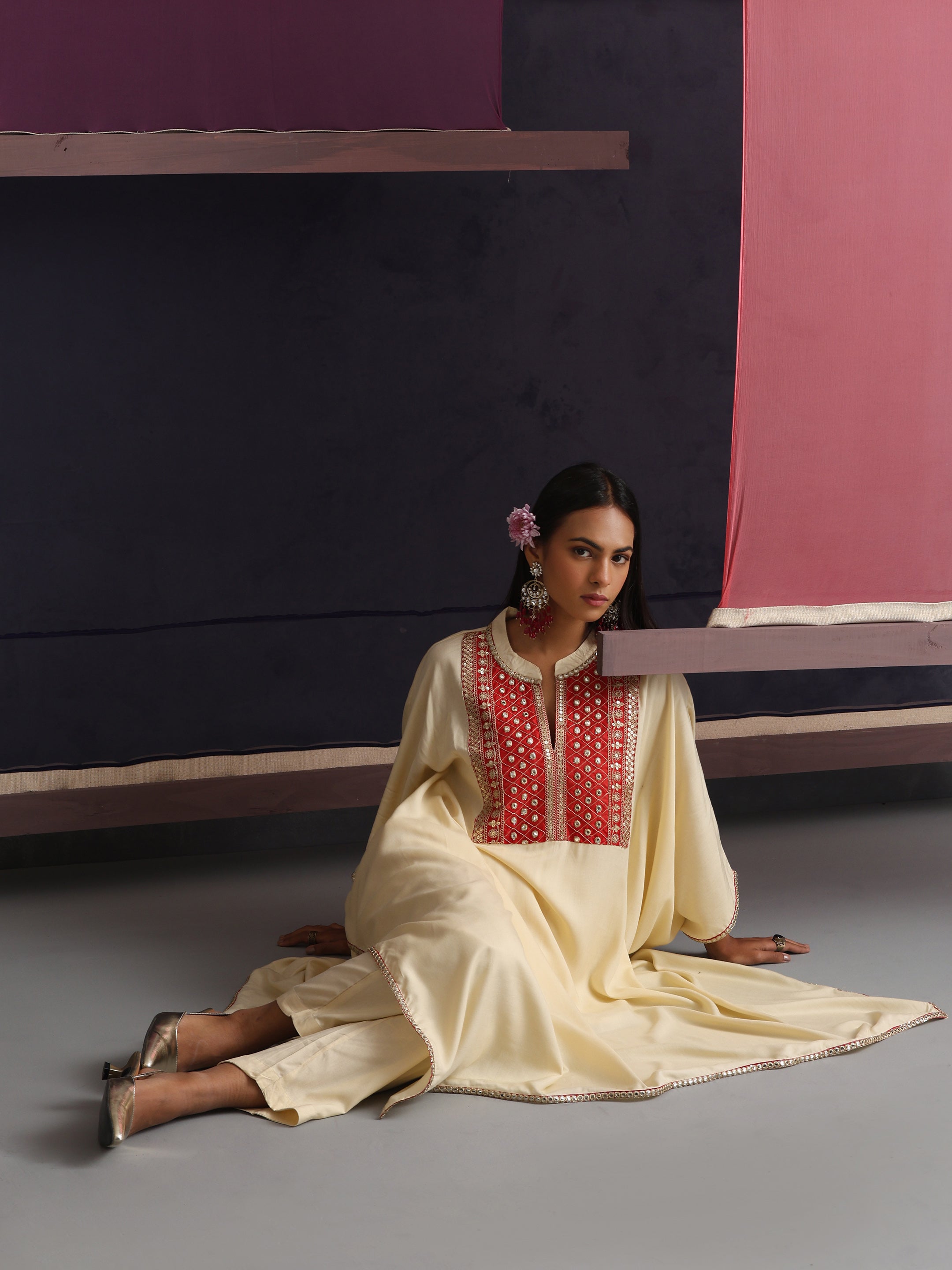 Khushal K Women Embroidered mirror work Cream Kaftan set