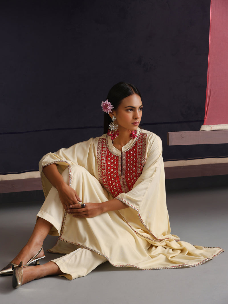 Khushal K Women Embroidered mirror work Cream Kaftan set