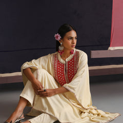 Khushal K Women Embroidered mirror work Cream Kaftan set