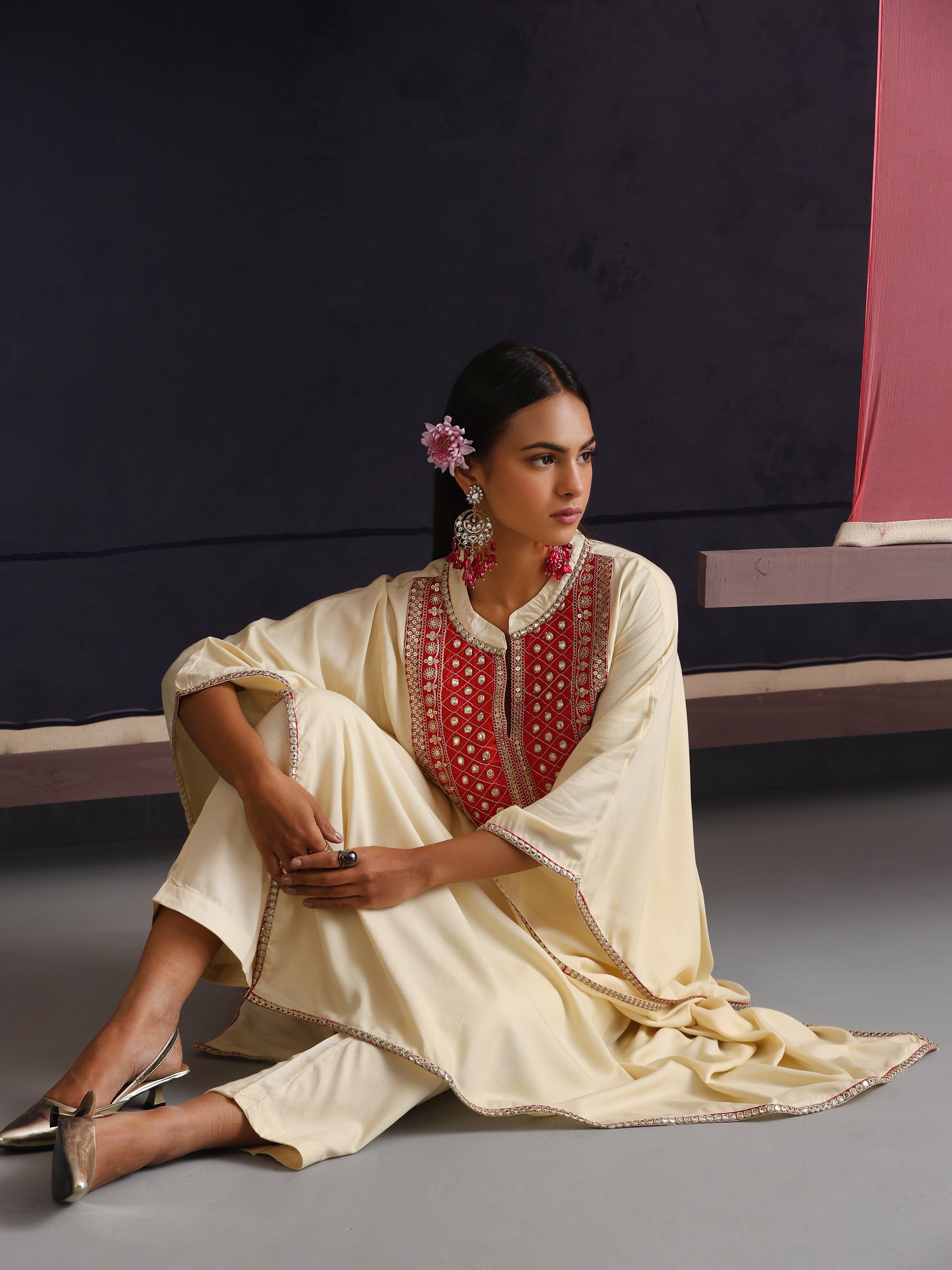 Khushal K Women Embroidered mirror work Cream Kaftan set