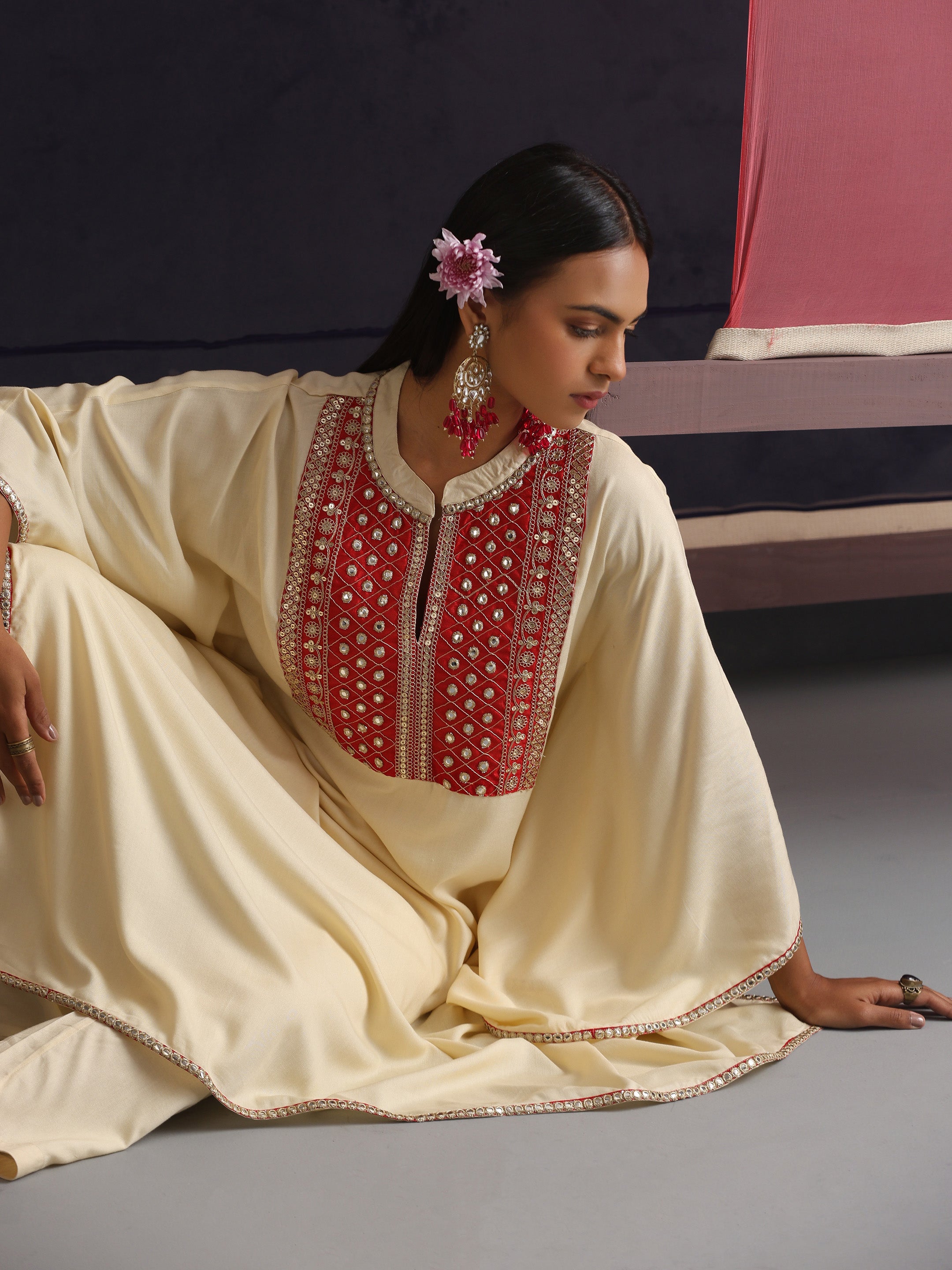 Khushal K Women Embroidered mirror work Cream Kaftan set