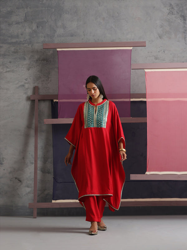 Khushal K Women Embroidered mirror work Red Kaftan set