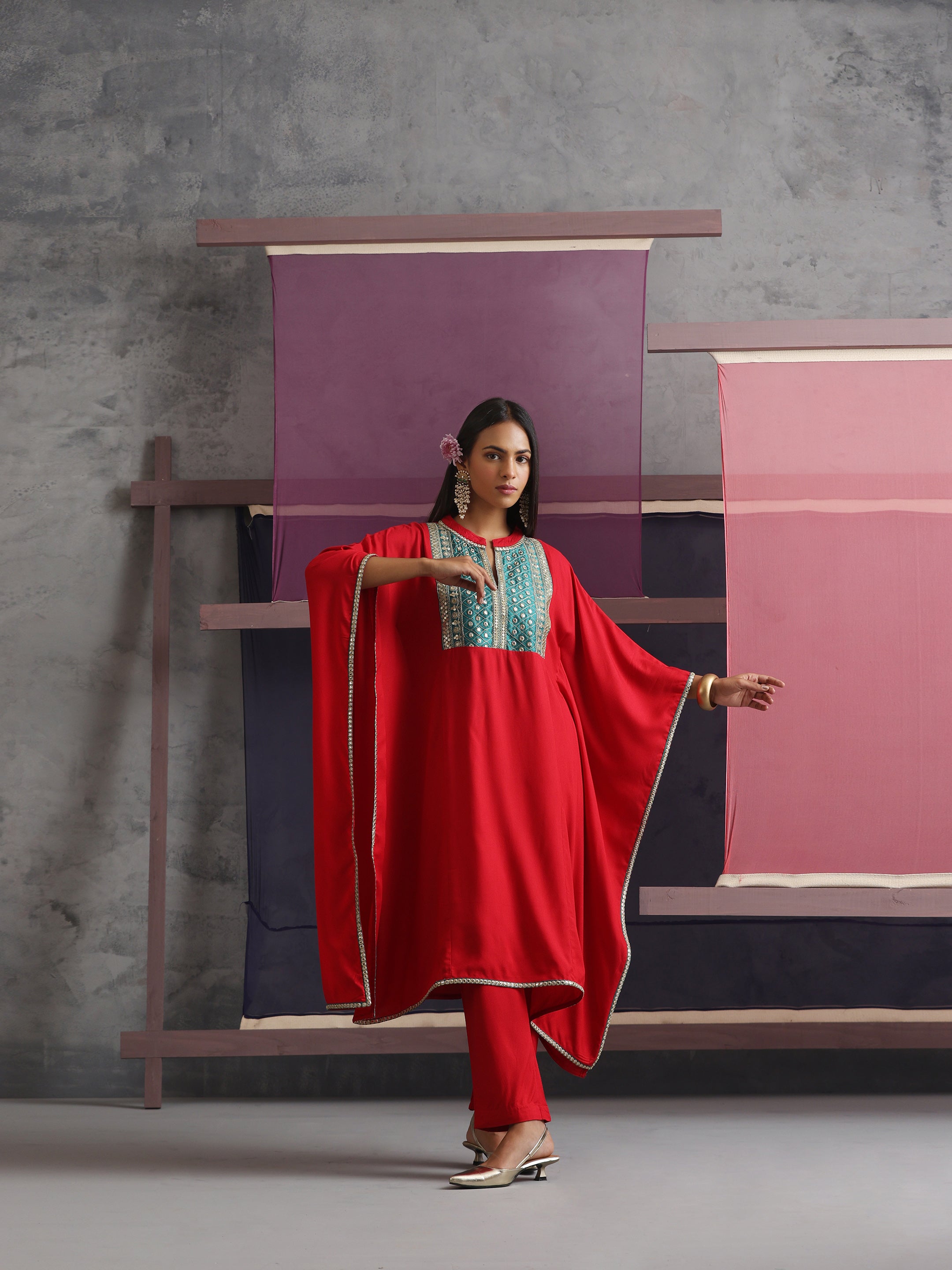 Khushal K Women Embroidered mirror work Red Kaftan set