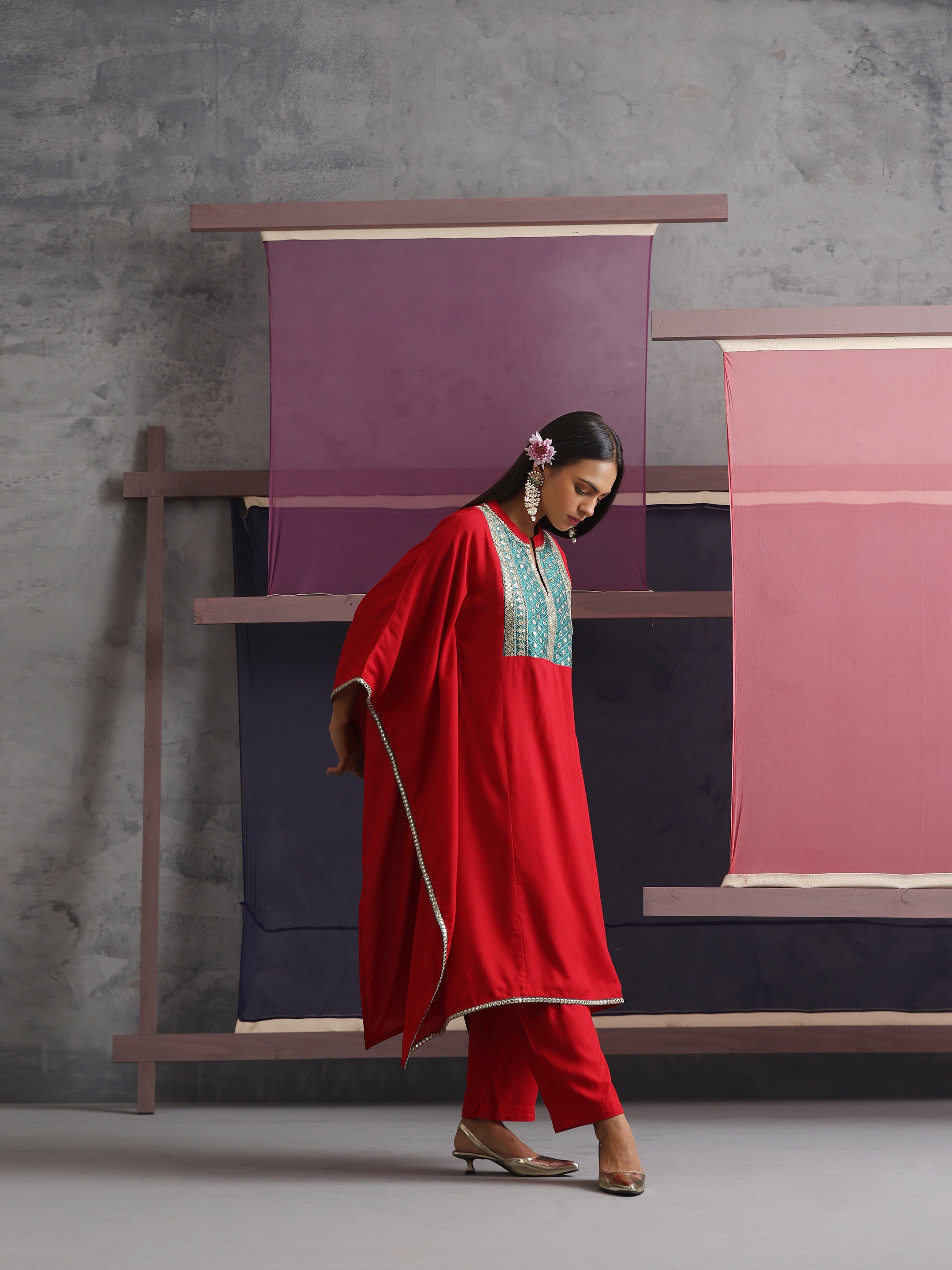 Khushal K Women Embroidered mirror work Red Kaftan set