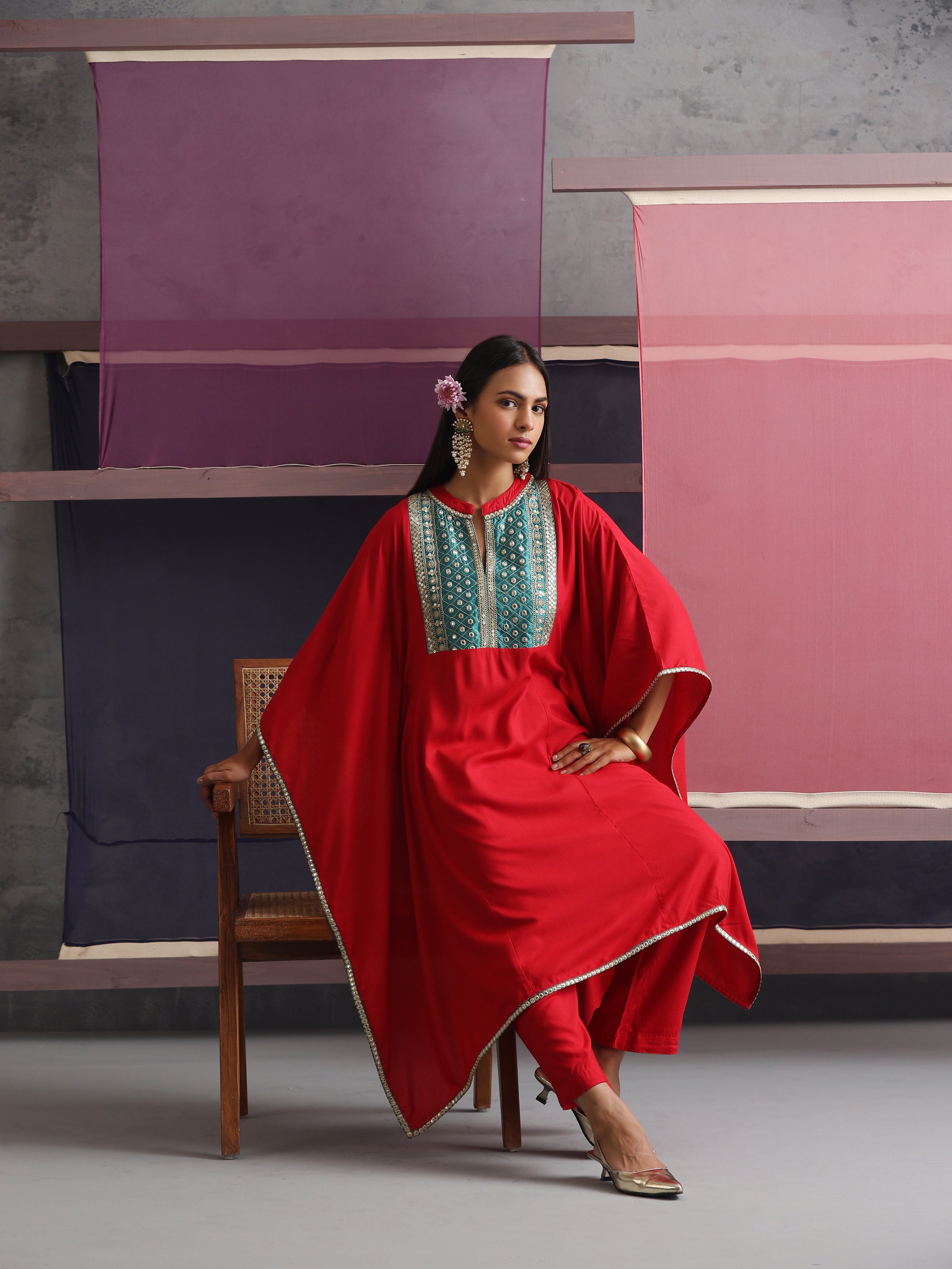 Khushal K Women Embroidered mirror work Red Kaftan set