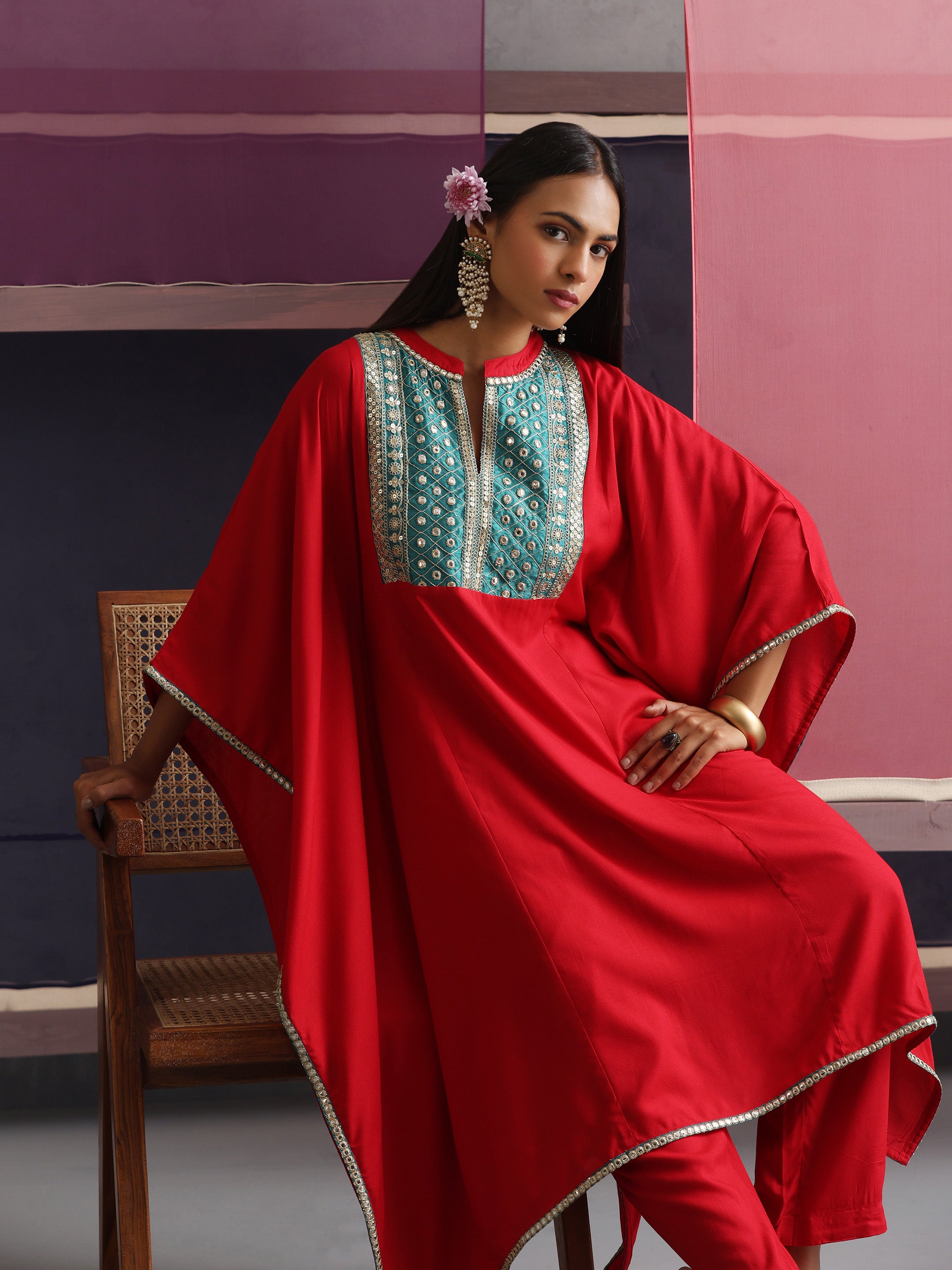 Khushal K Women Embroidered mirror work Red Kaftan set