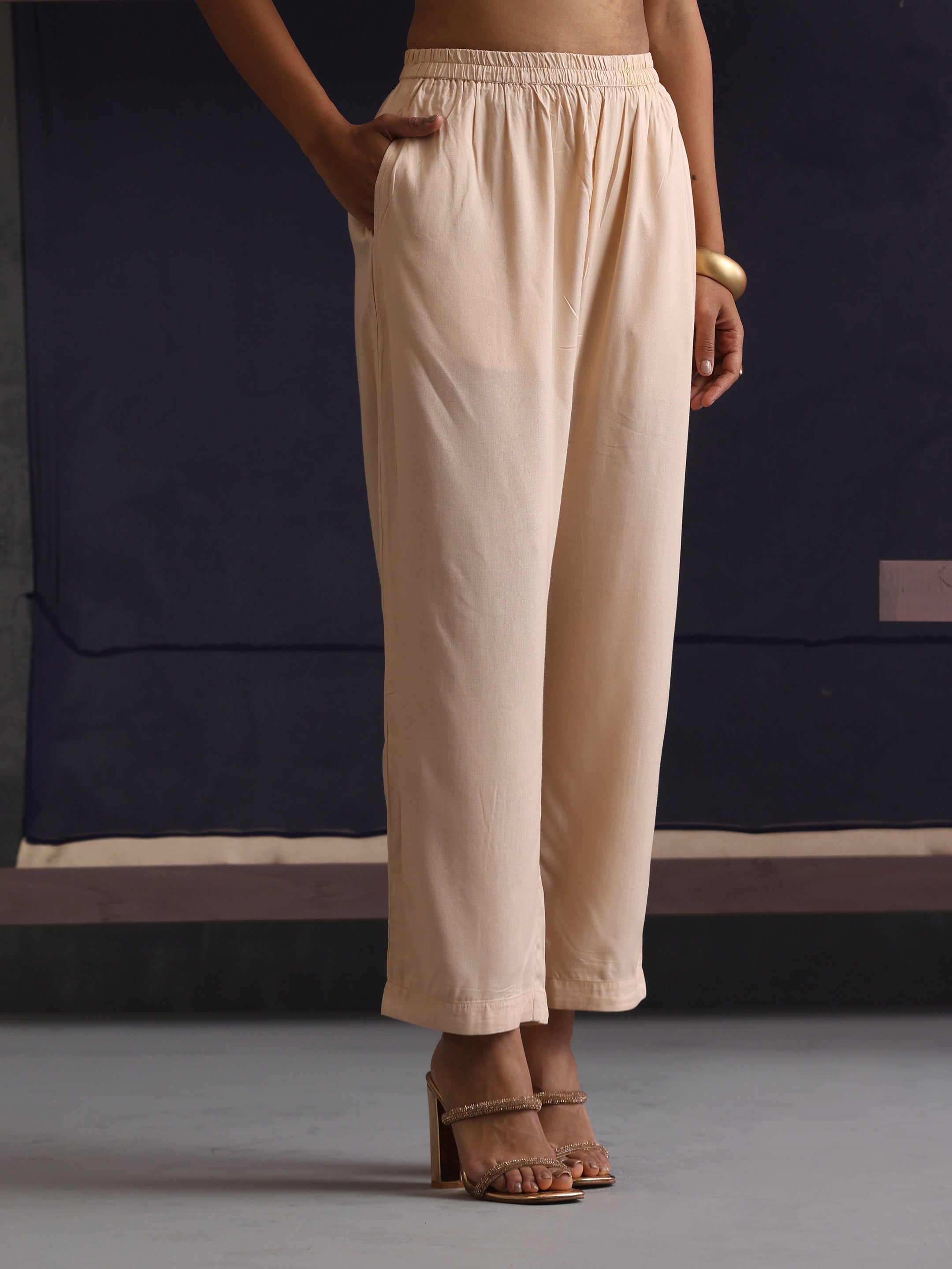 Khushal K Women Motifs Yoke Round Nack Design Beige Kaftan set