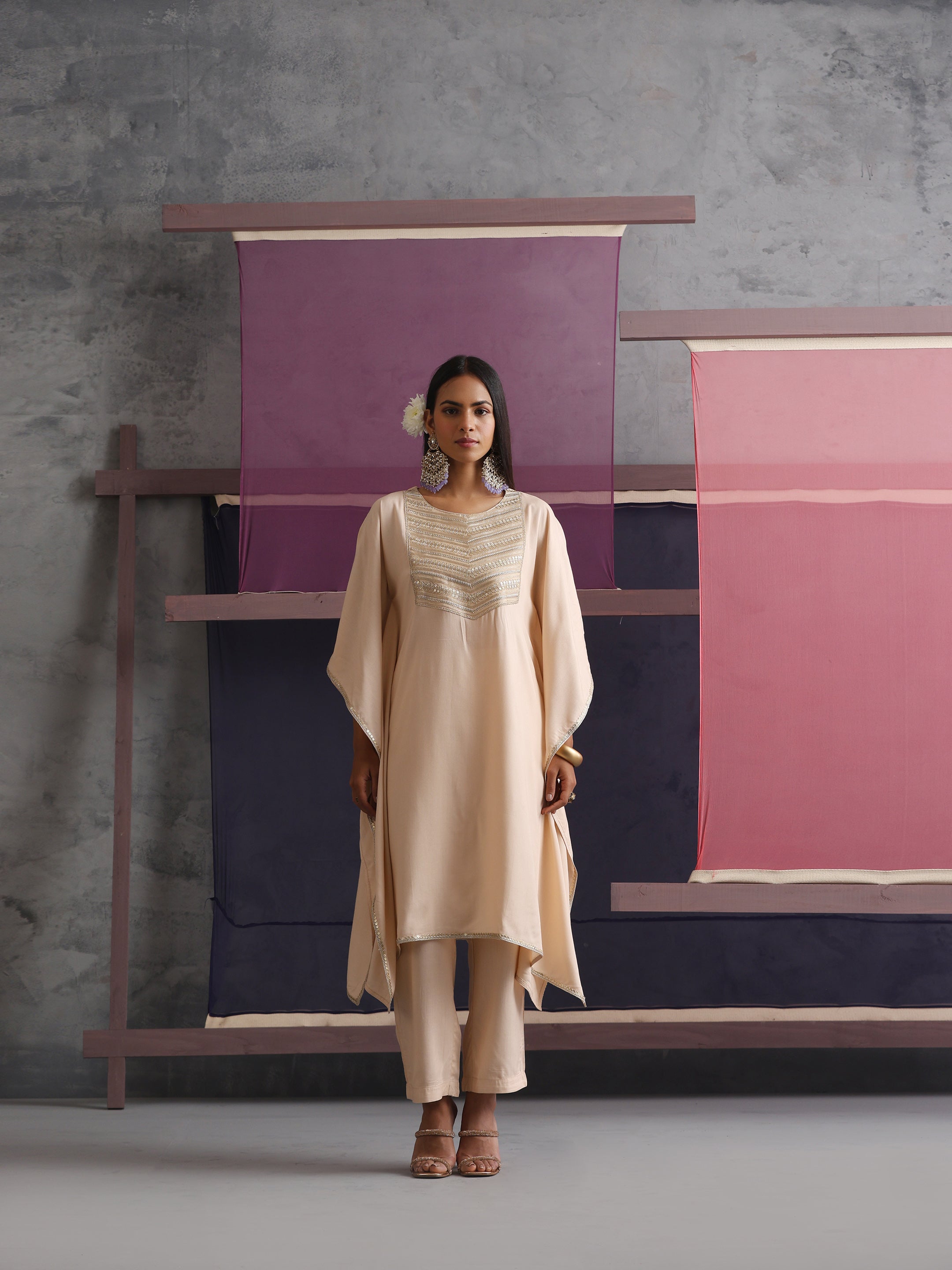 Khushal K Women Motifs Yoke Round Nack Design Beige Kaftan set