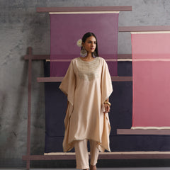 Khushal K Women Motifs Yoke Round Nack Design Beige Kaftan set