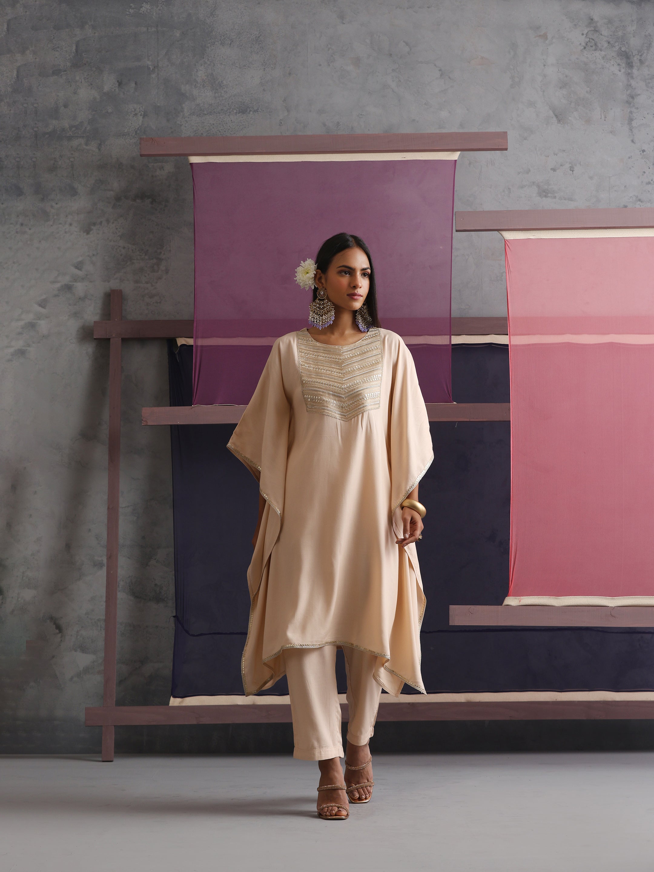 Khushal K Women Motifs Yoke Round Nack Design Beige Kaftan set