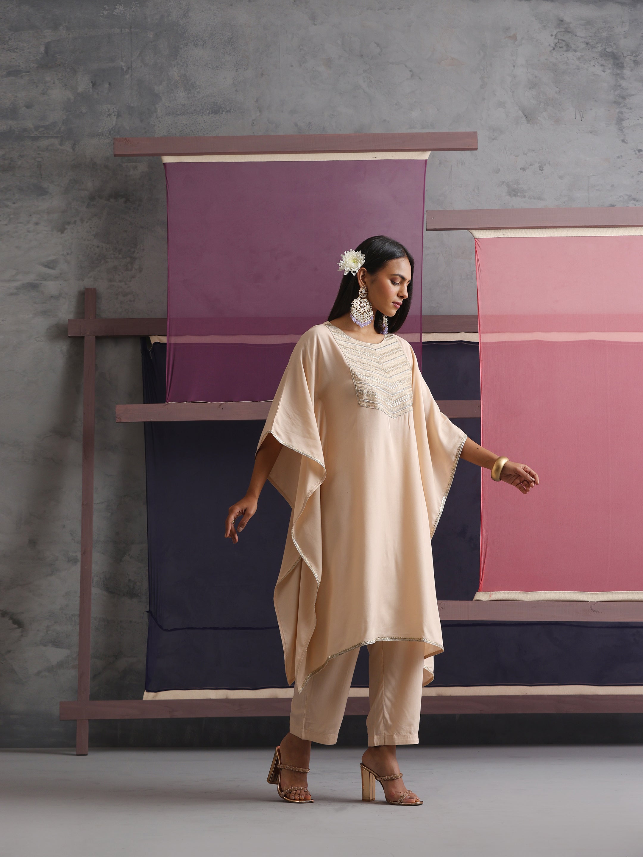 Khushal K Women Motifs Yoke Round Nack Design Beige Kaftan set