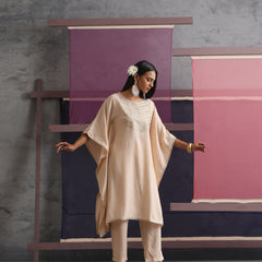 Khushal K Women Motifs Yoke Round Nack Design Beige Kaftan set