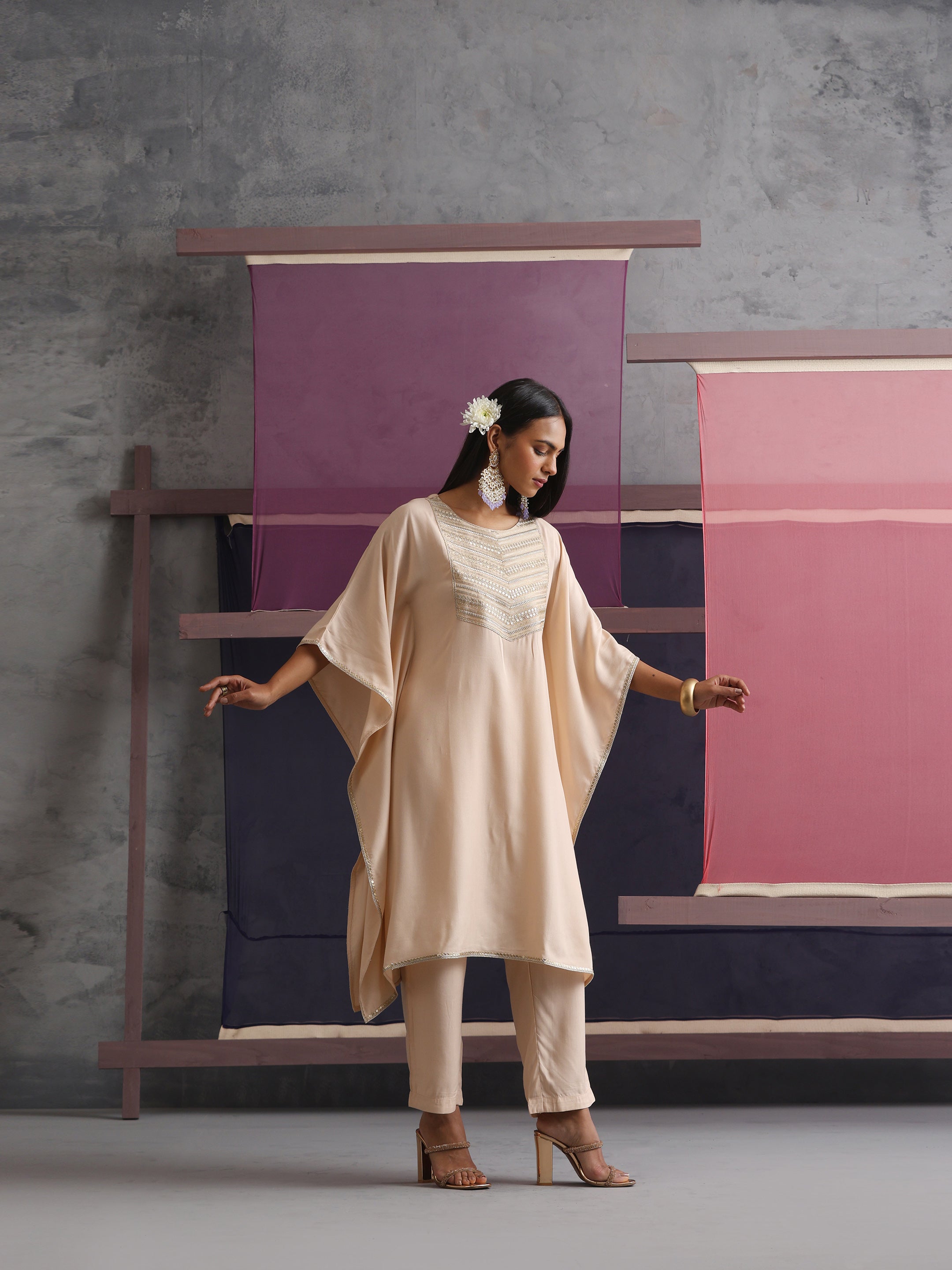 Khushal K Women Motifs Yoke Round Nack Design Beige Kaftan set