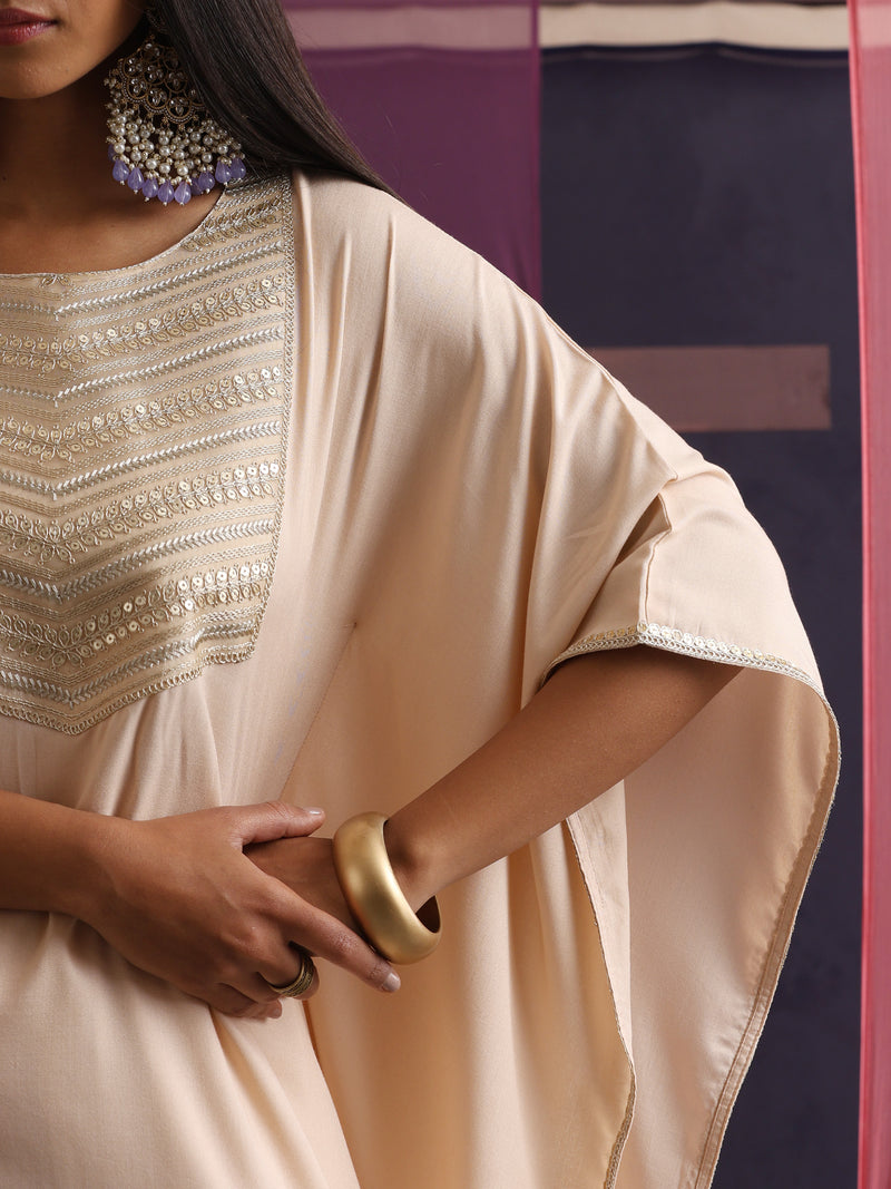 Khushal K Women Motifs Yoke Round Nack Design Beige Kaftan set