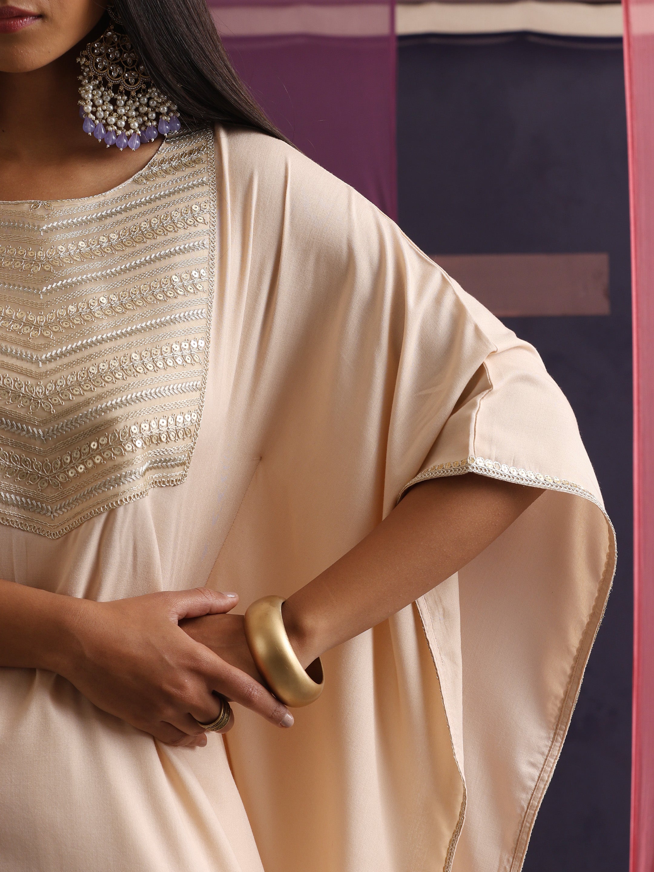 Khushal K Women Motifs Yoke Round Nack Design Beige Kaftan set