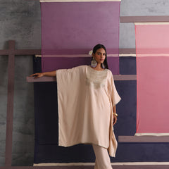 Khushal K Women Motifs Yoke Round Nack Design Beige Kaftan set