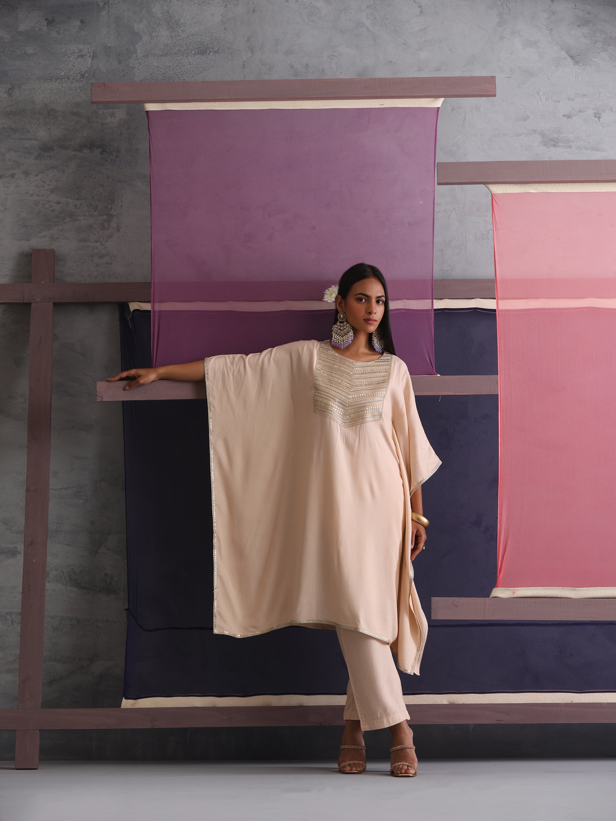 Khushal K Women Motifs Yoke Round Nack Design Beige Kaftan set