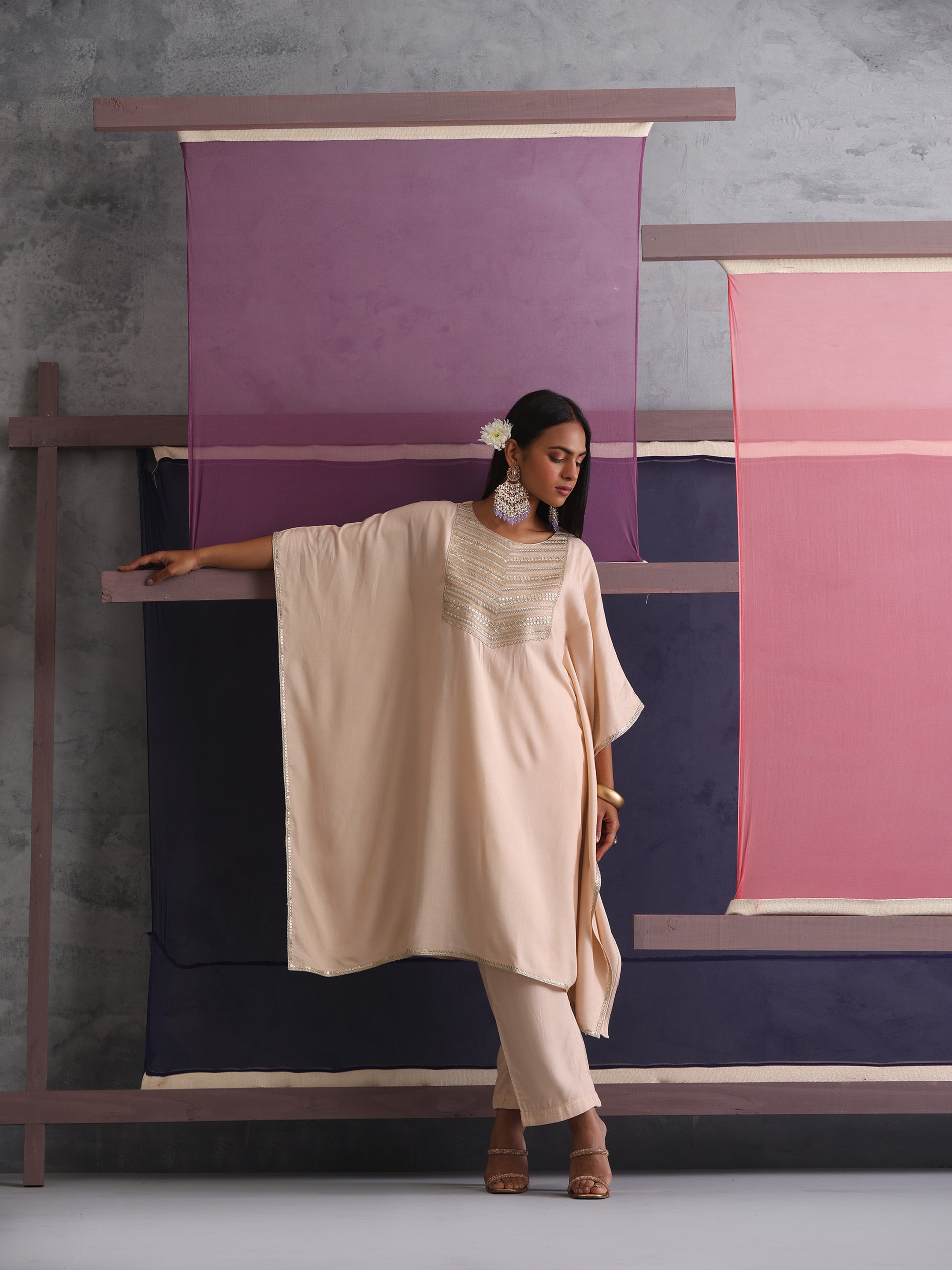 Khushal K Women Motifs Yoke Round Nack Design Beige Kaftan set