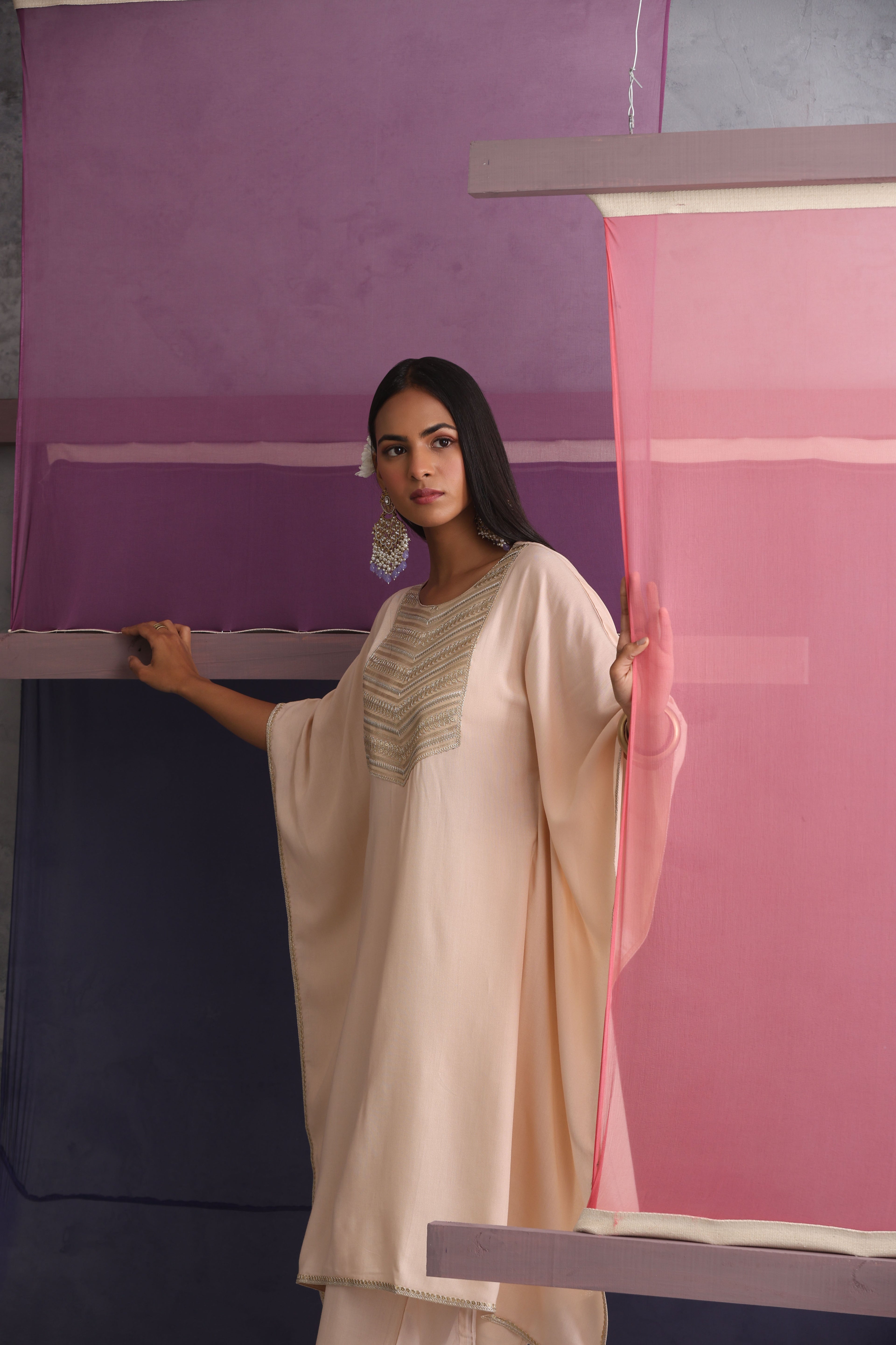 Khushal K Women Motifs Yoke Round Nack Design Beige Kaftan set