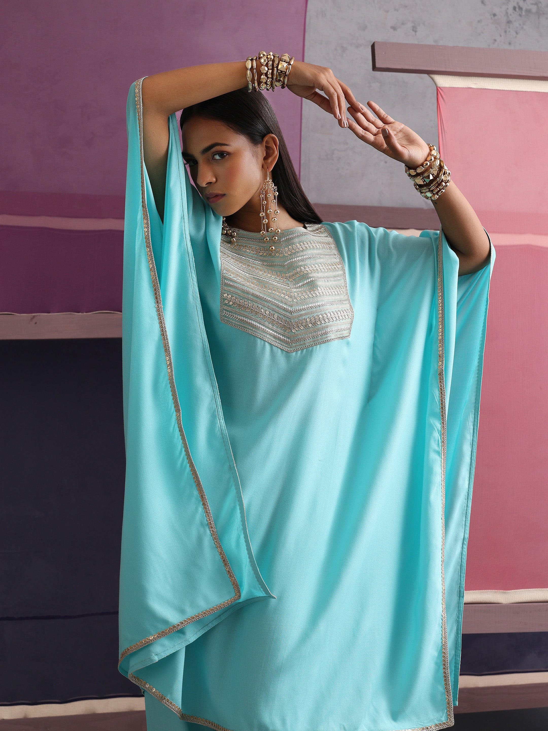 Khushal K Women Motifs Yoke Round Nack Design Kaftan set