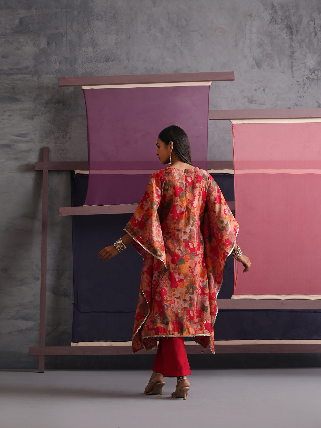 Khushal K Women Round Neck Prined Chanderi Kaftan set