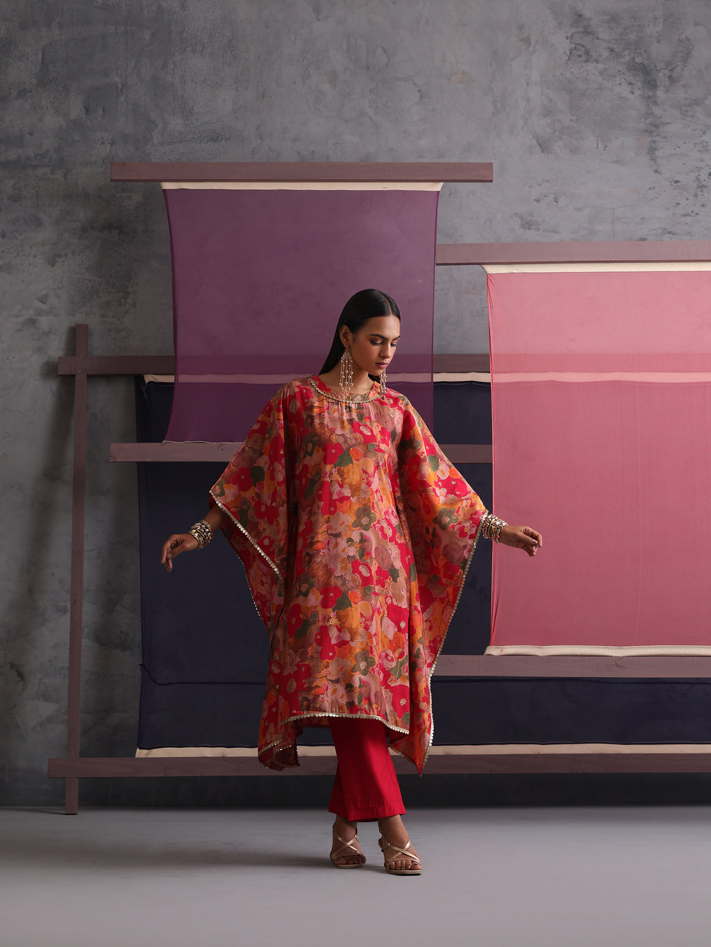 Khushal K Women Round Neck Prined Chanderi Kaftan set