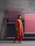 Khushal K Women Round Neck Prined Chanderi Kaftan set