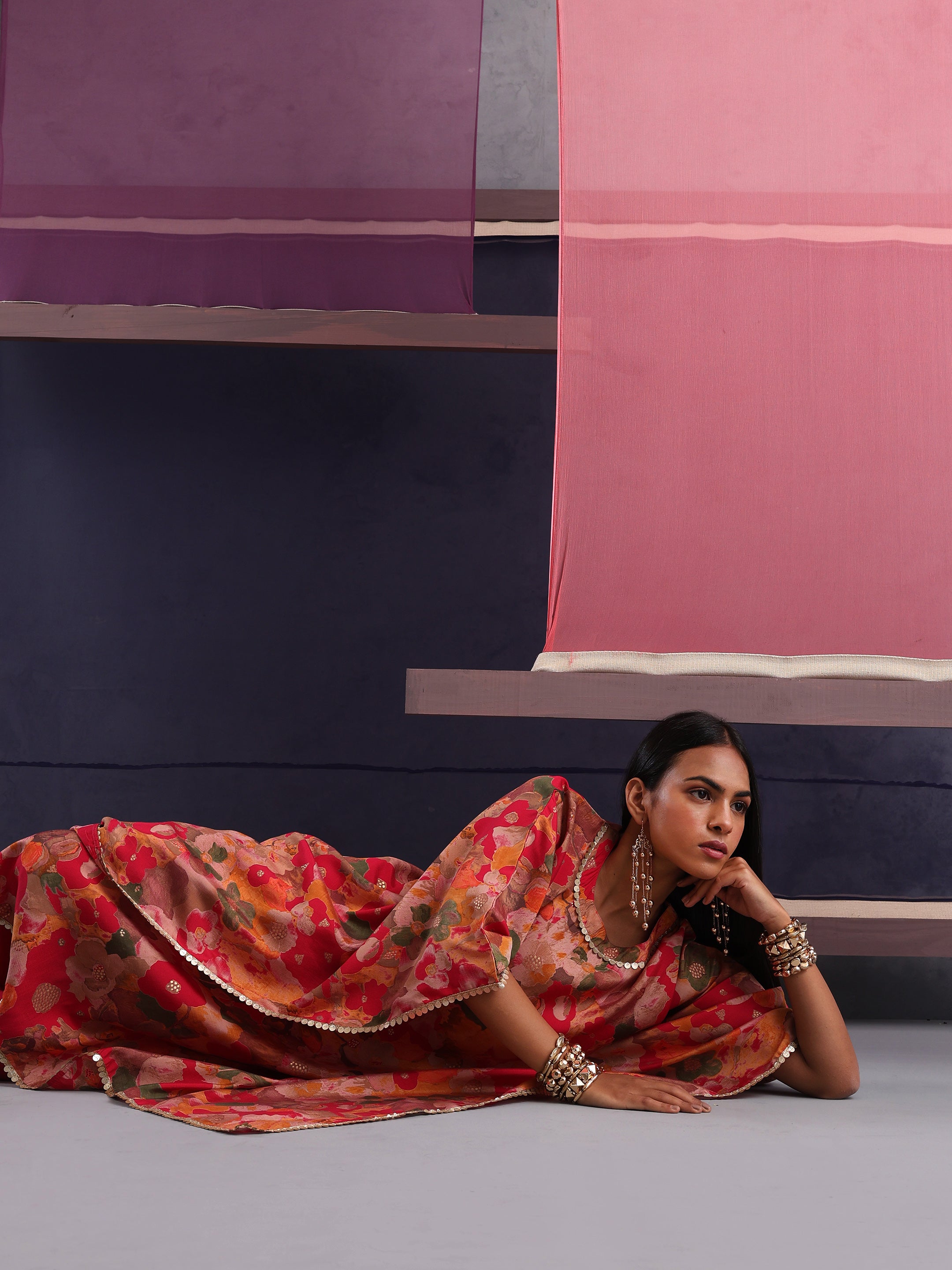 Khushal K Women Round Neck Prined Chanderi Kaftan set