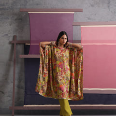 Khushal K Women Round Neck Prined Chanderi Green Kaftan set