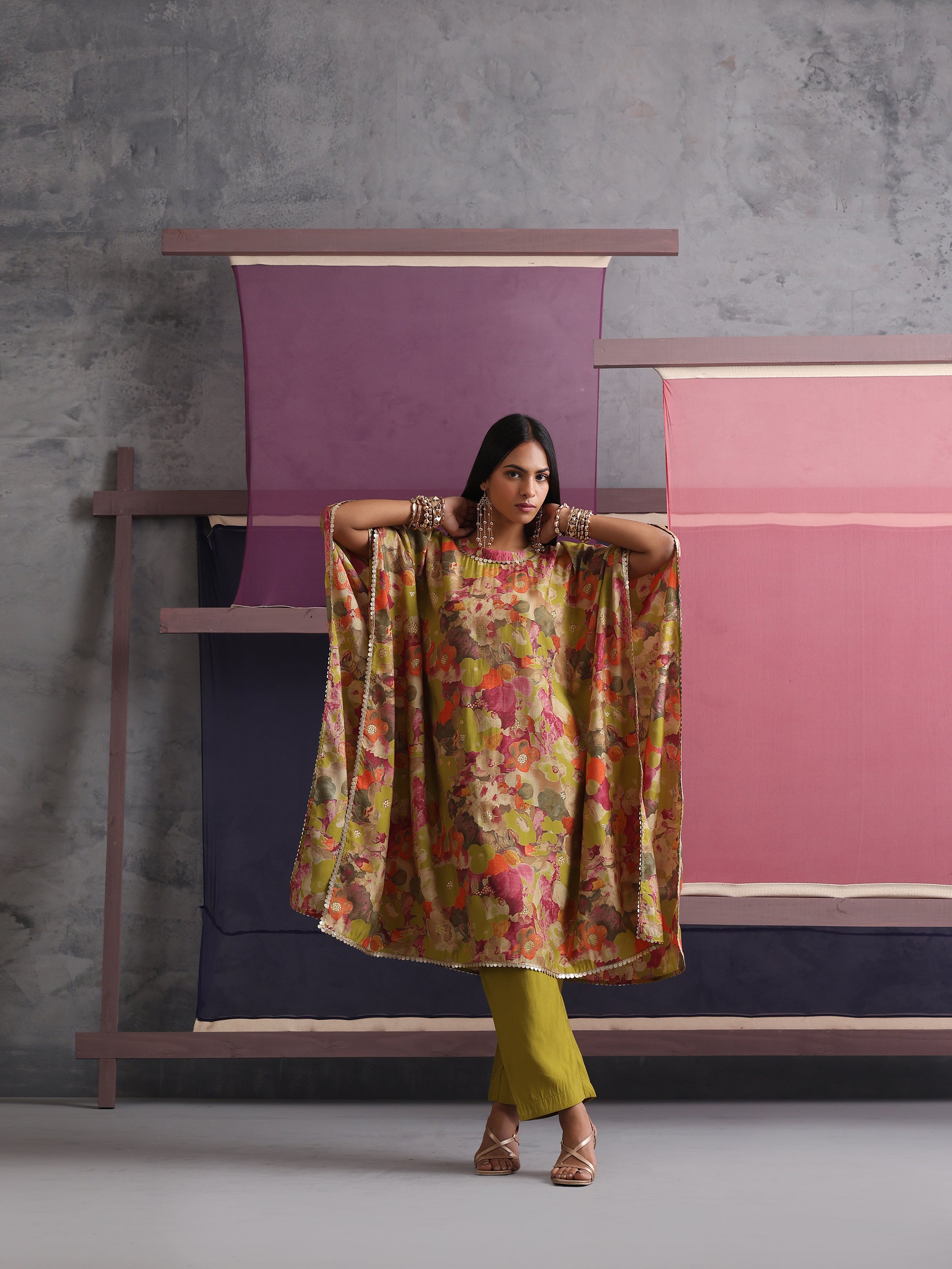 Khushal K Women Round Neck Prined Chanderi Green Kaftan set