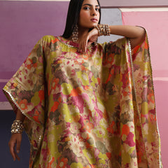 Khushal K Women Round Neck Prined Chanderi Green Kaftan set