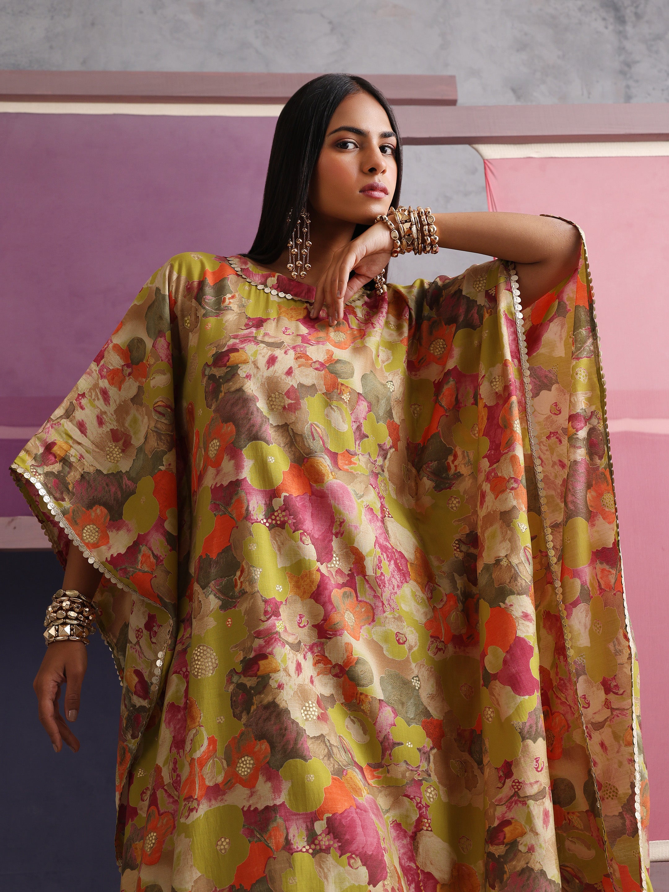 Khushal K Women Round Neck Prined Chanderi Green Kaftan set