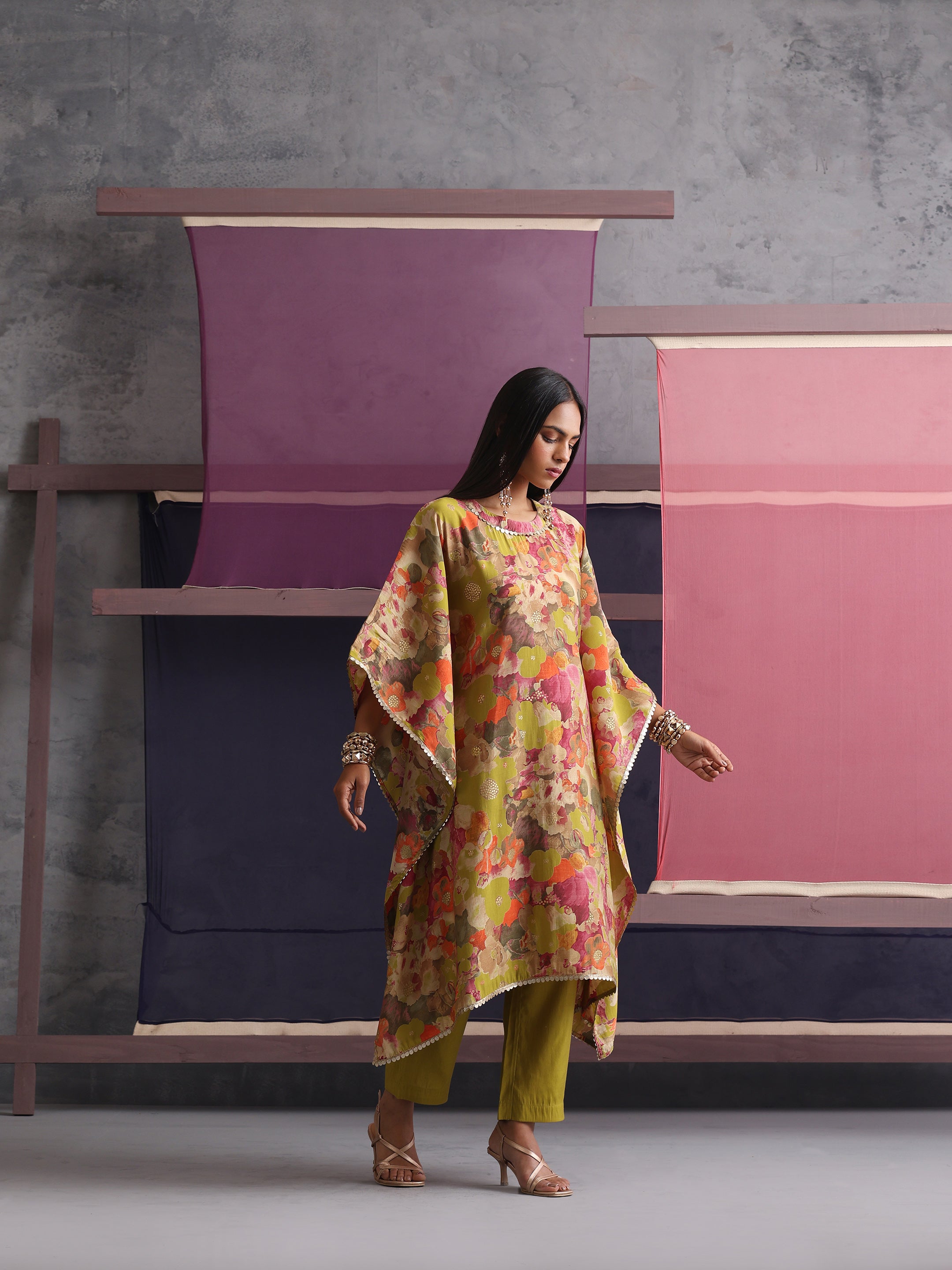 Khushal K Women Round Neck Prined Chanderi Green Kaftan set