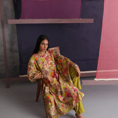 Khushal K Women Round Neck Prined Chanderi Green Kaftan set
