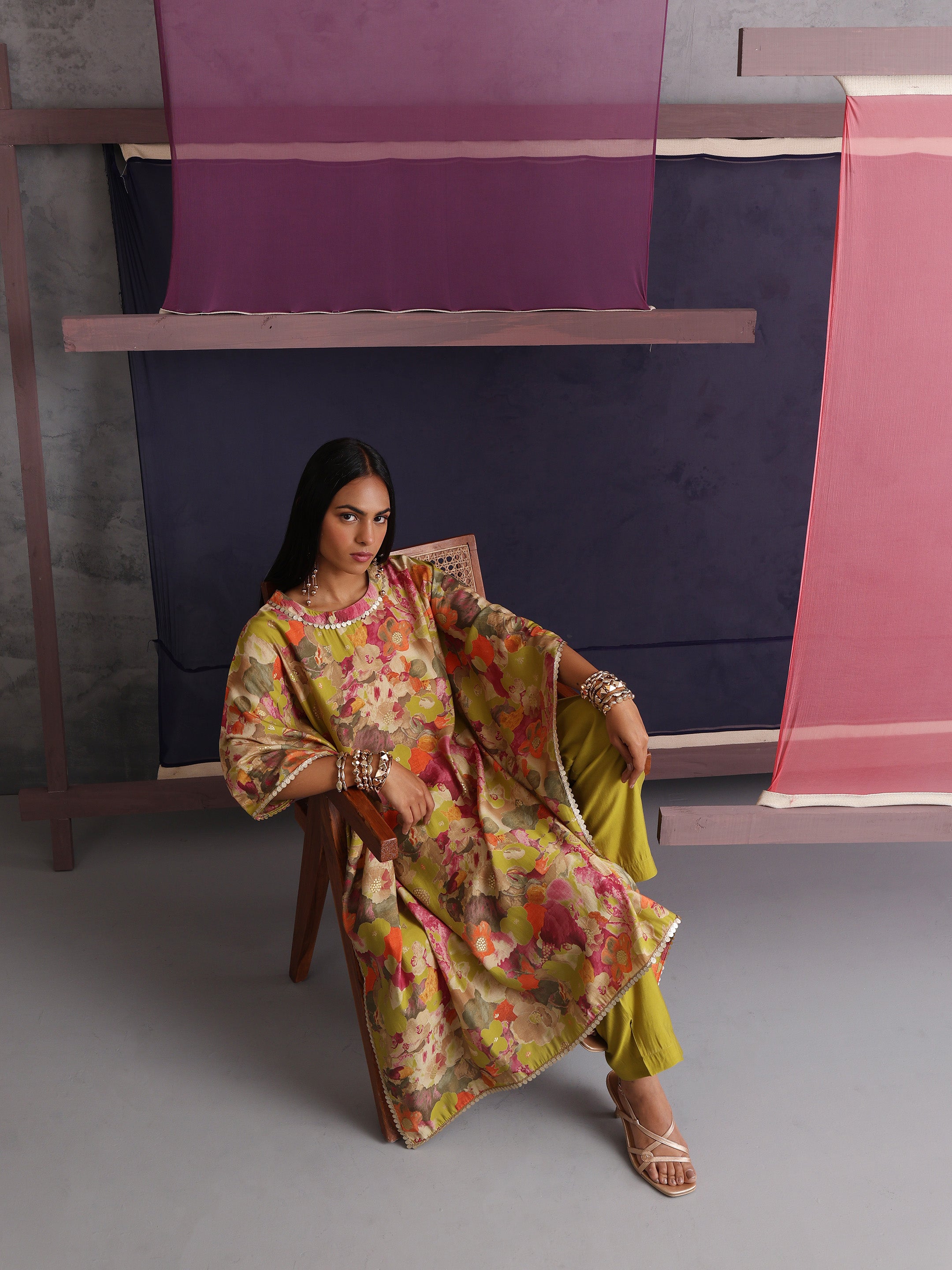 Khushal K Women Round Neck Prined Chanderi Green Kaftan set