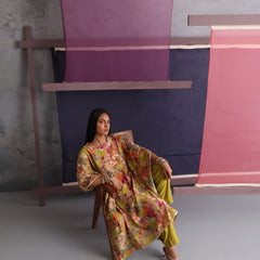 Khushal K Women Round Neck Prined Chanderi Green Kaftan set