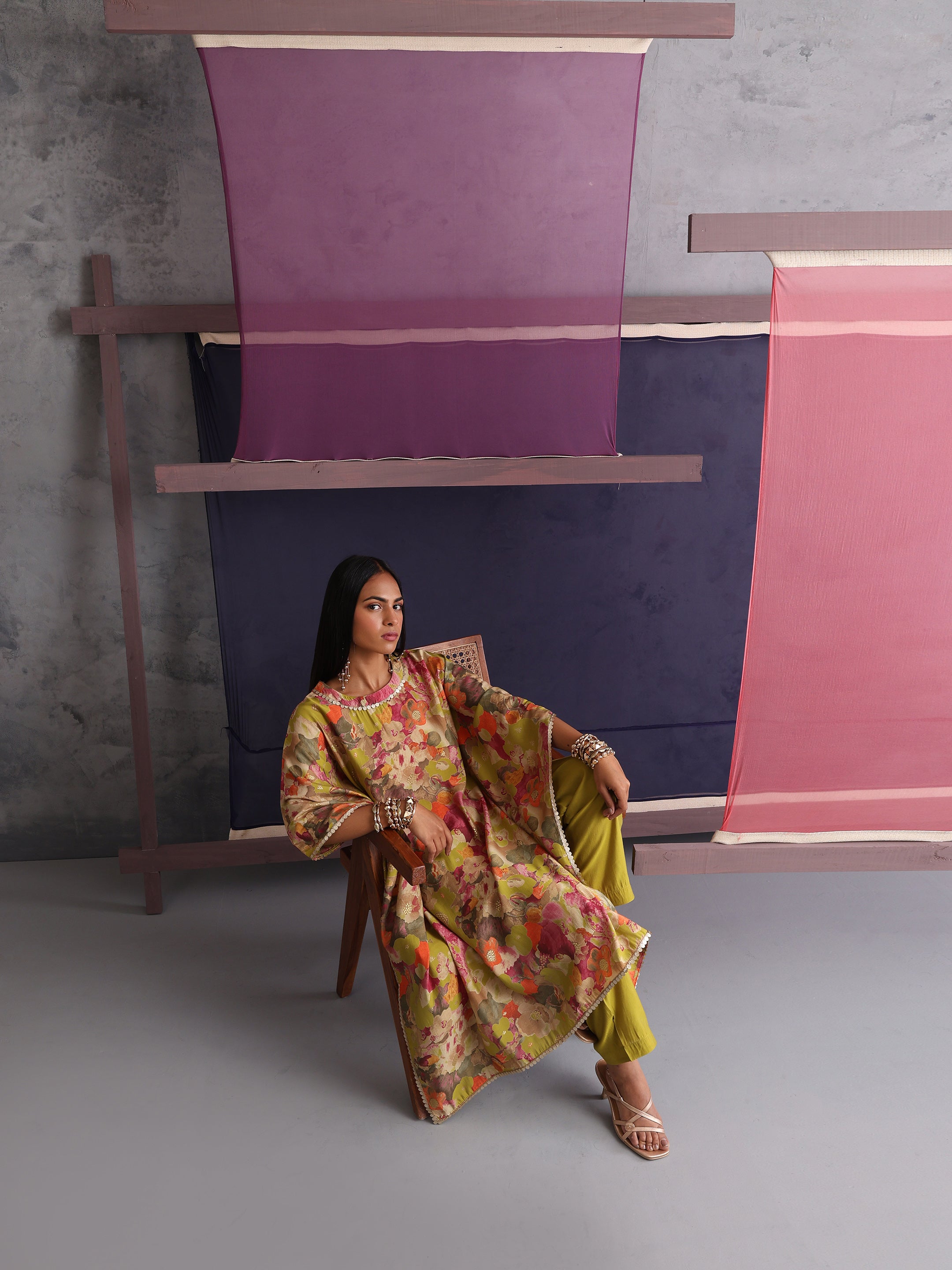 Khushal K Women Round Neck Prined Chanderi Green Kaftan set