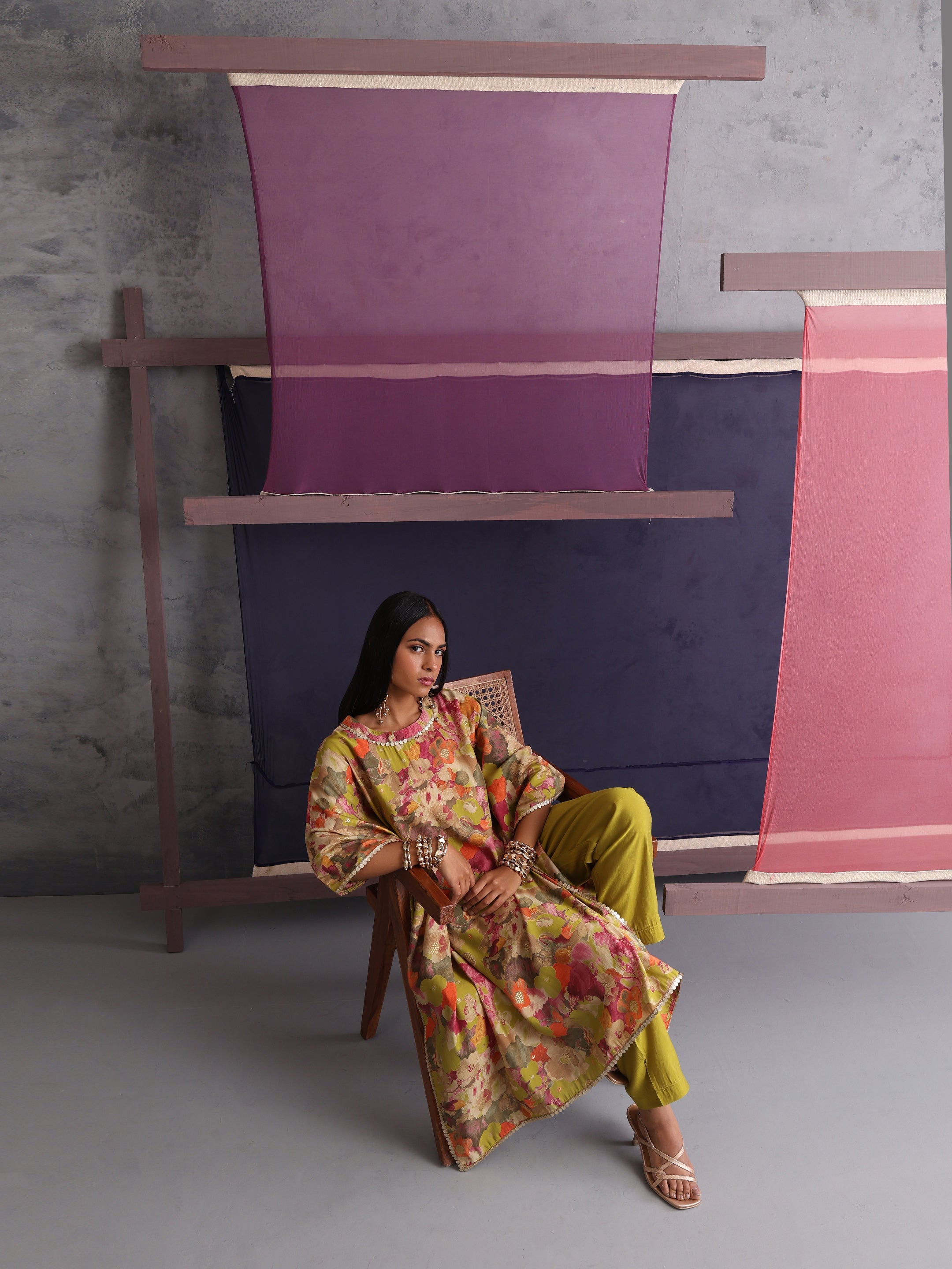 Khushal K Women Round Neck Prined Chanderi Green Kaftan set