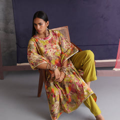 Khushal K Women Round Neck Prined Chanderi Green Kaftan set