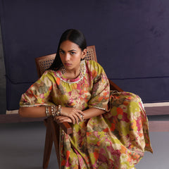 Khushal K Women Round Neck Prined Chanderi Green Kaftan set