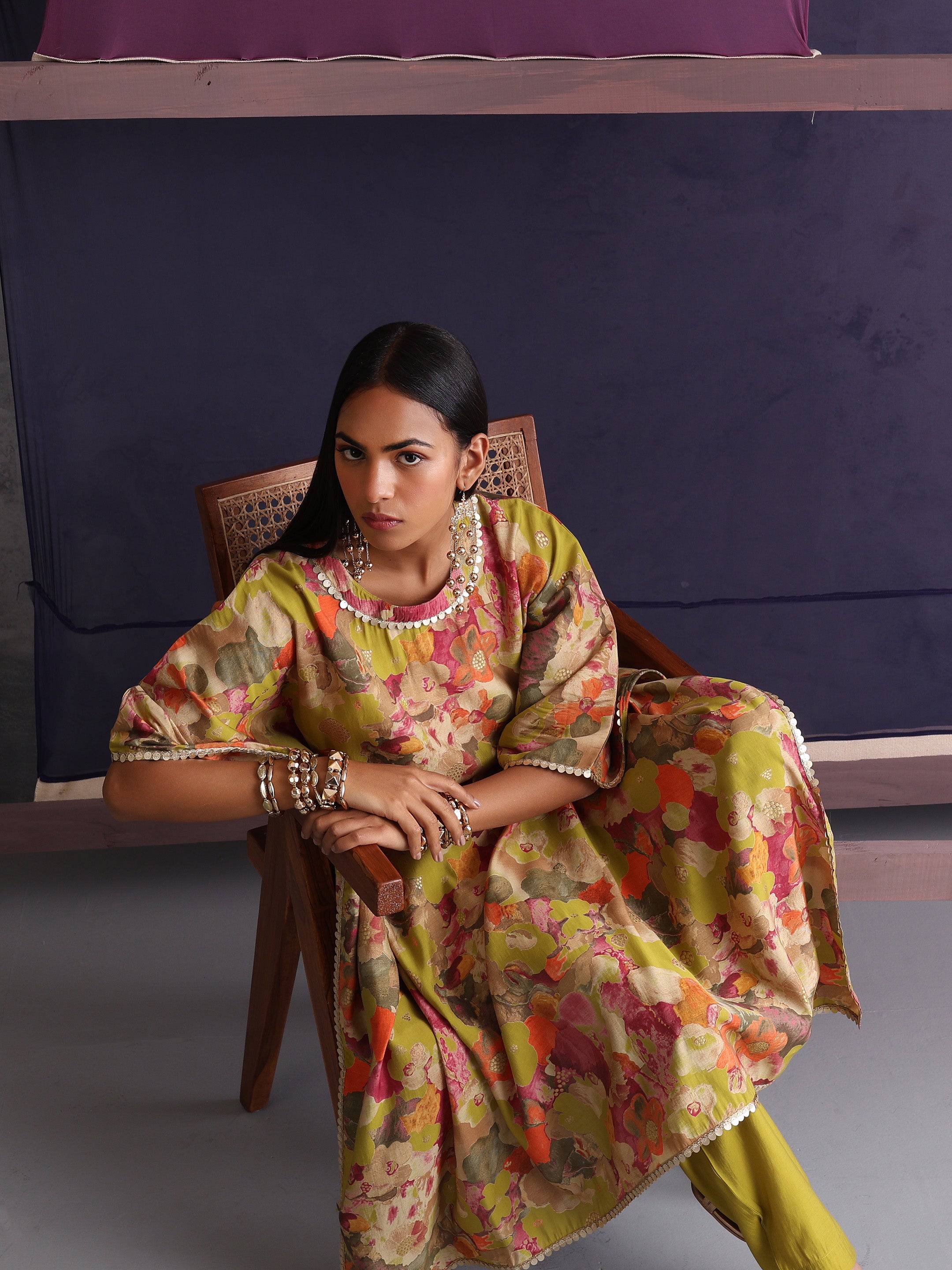 Khushal K Women Round Neck Prined Chanderi Green Kaftan set