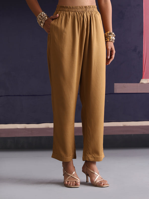 Khushal K Women Motifs V-Neck Brown Kaftan set