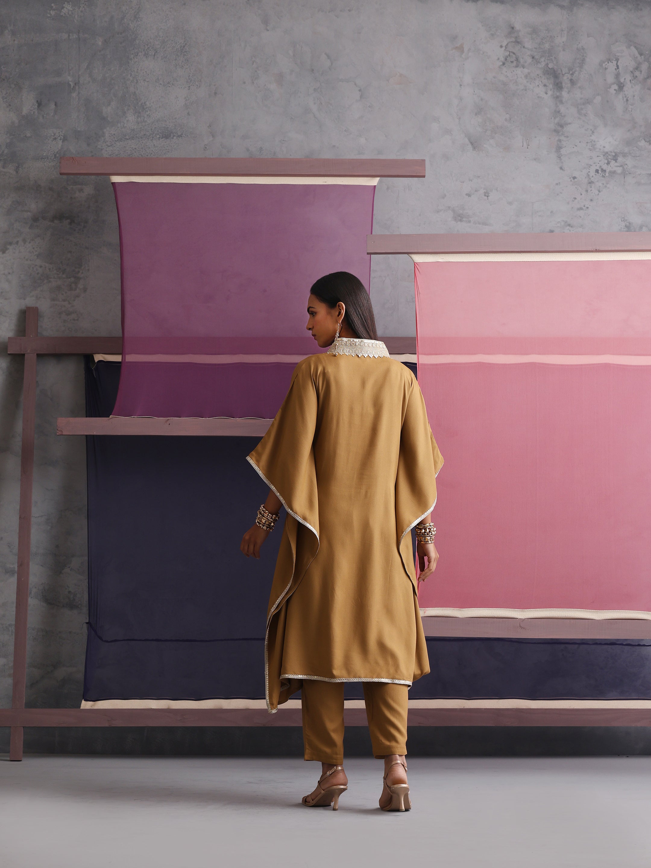 Khushal K Women Motifs V-Neck Brown Kaftan set