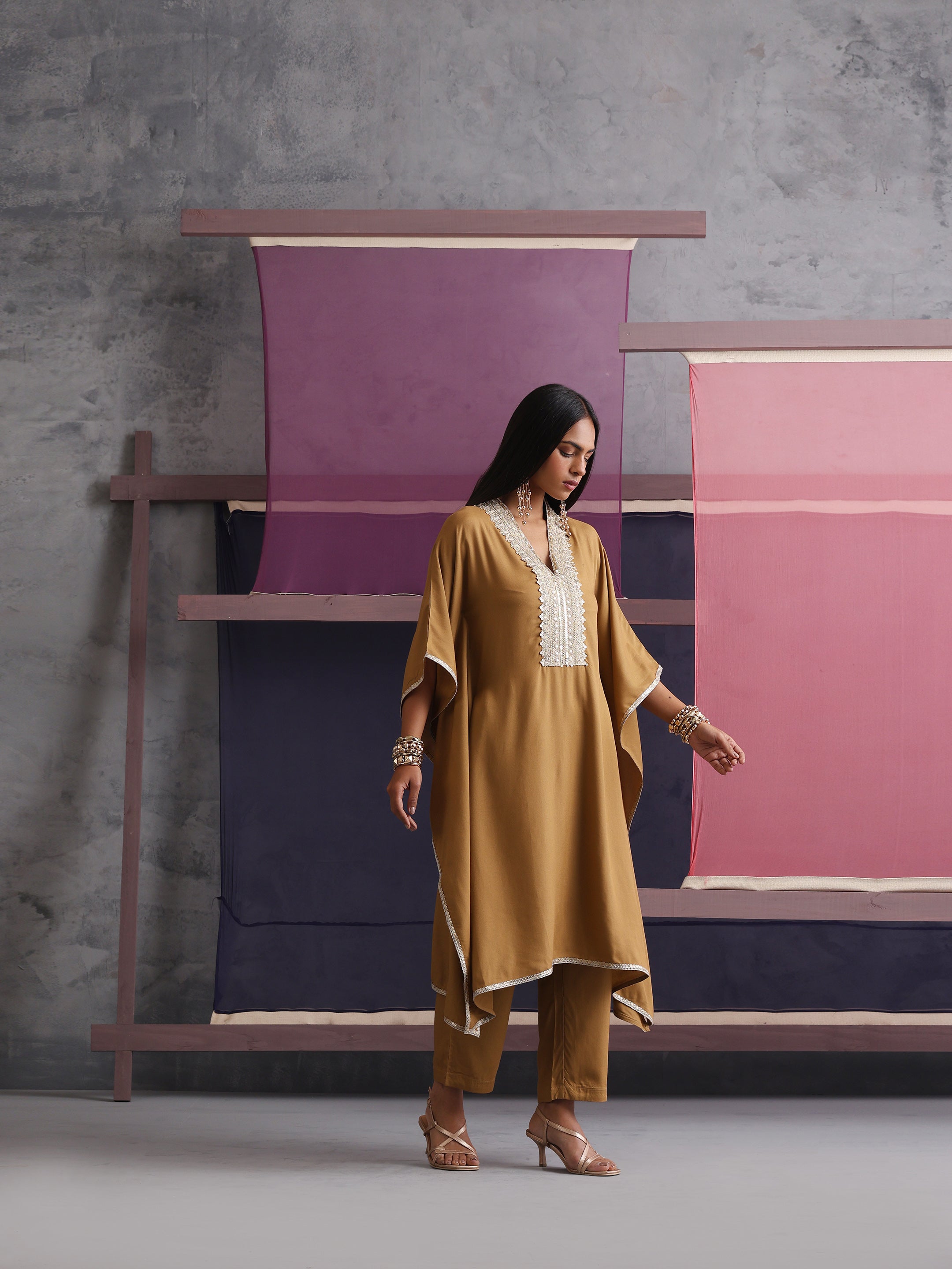 Khushal K Women Motifs V-Neck Brown Kaftan set