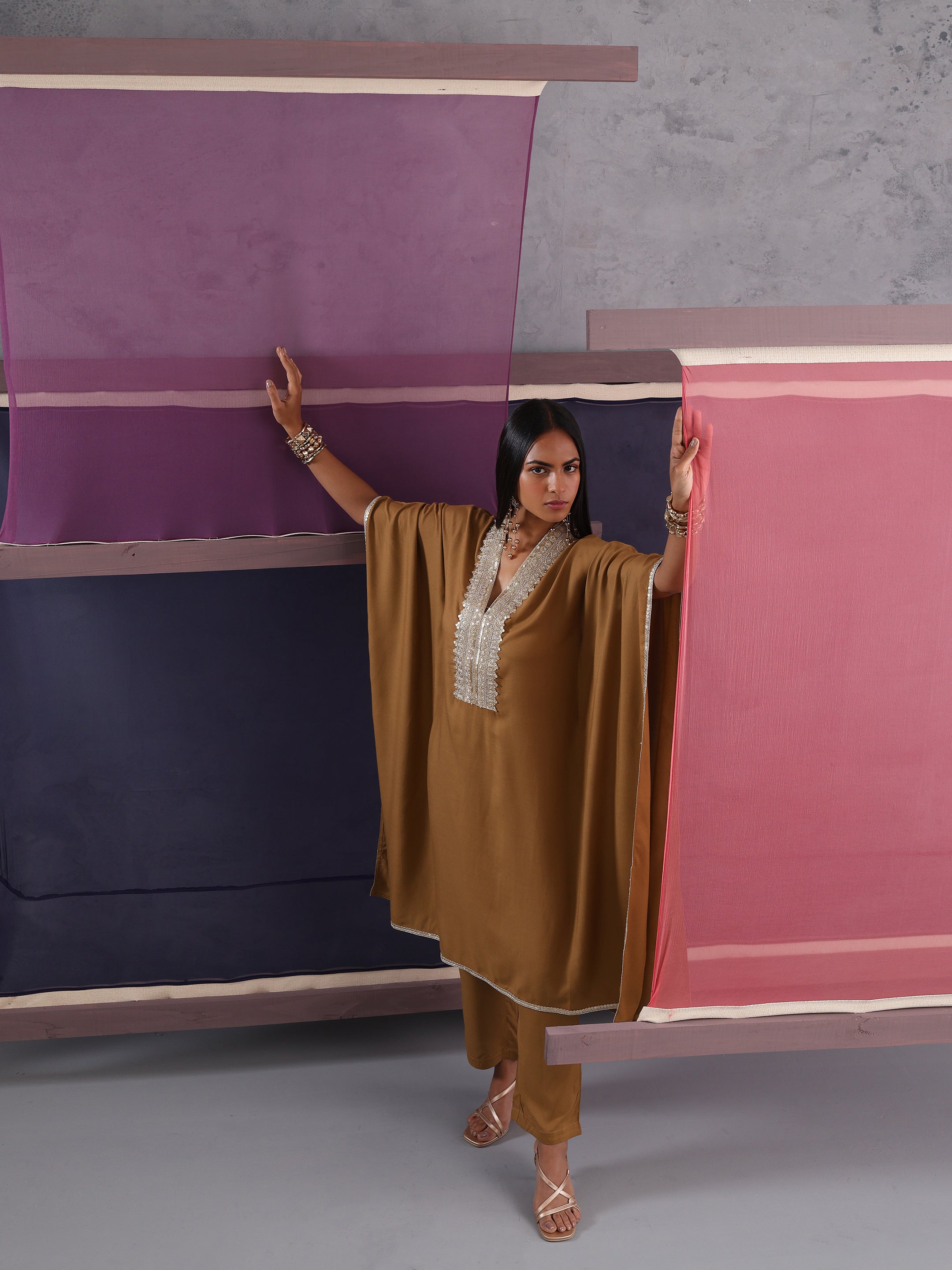 Khushal K Women Motifs V-Neck Brown Kaftan set